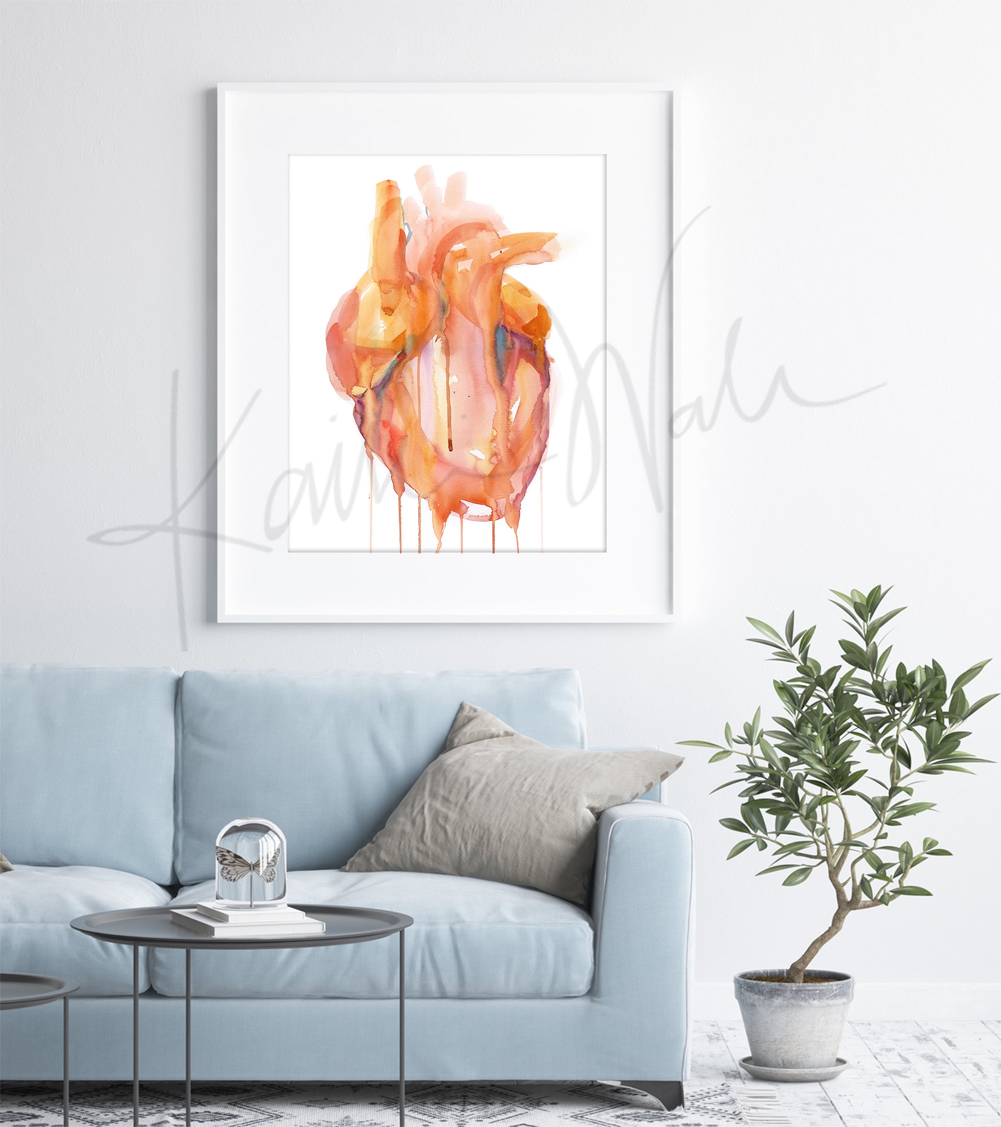 Abstract Anatomical Heart in Orange Watercolor Print