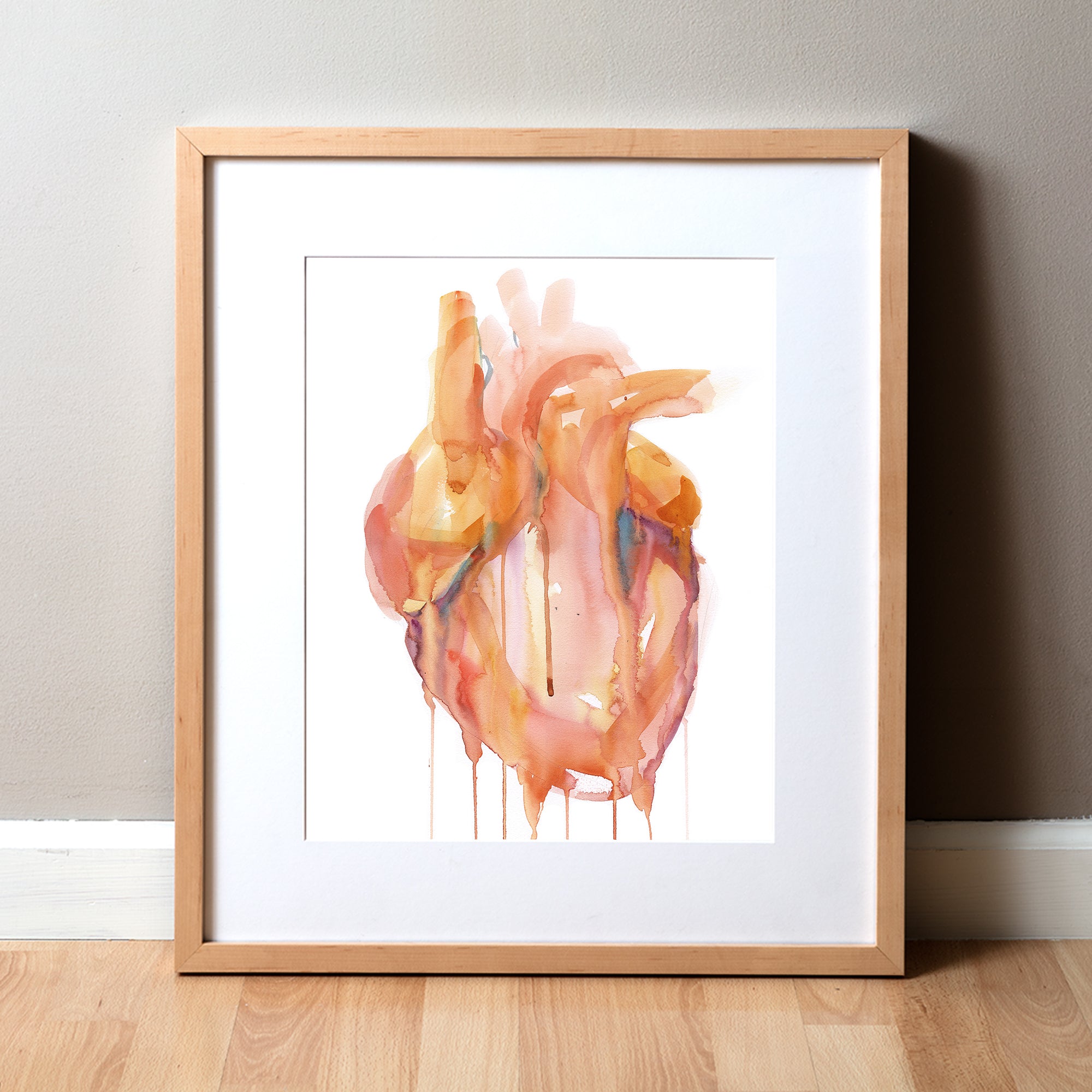 Abstract Anatomical Heart in Orange Watercolor Print