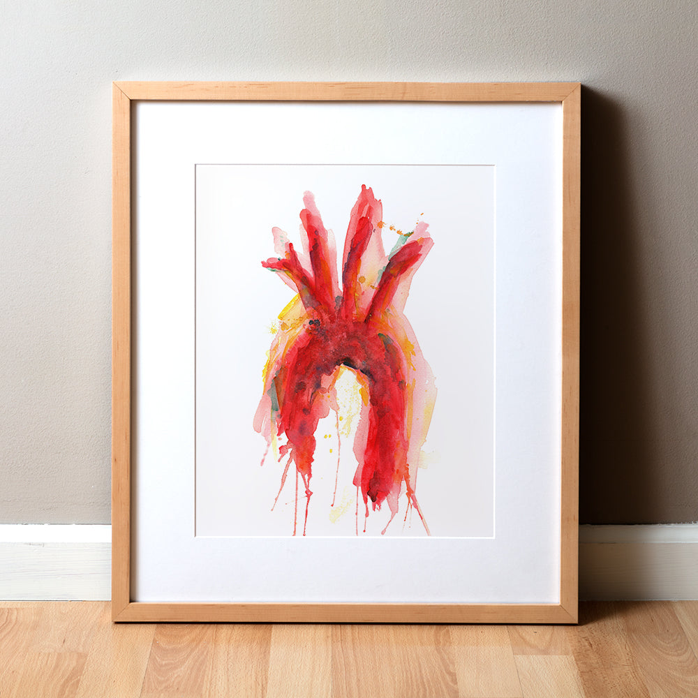 A framed watercolor print depicting a stylized representation of the aorta and its branches, primarily in red and yellow tones, displayed on a wall.
