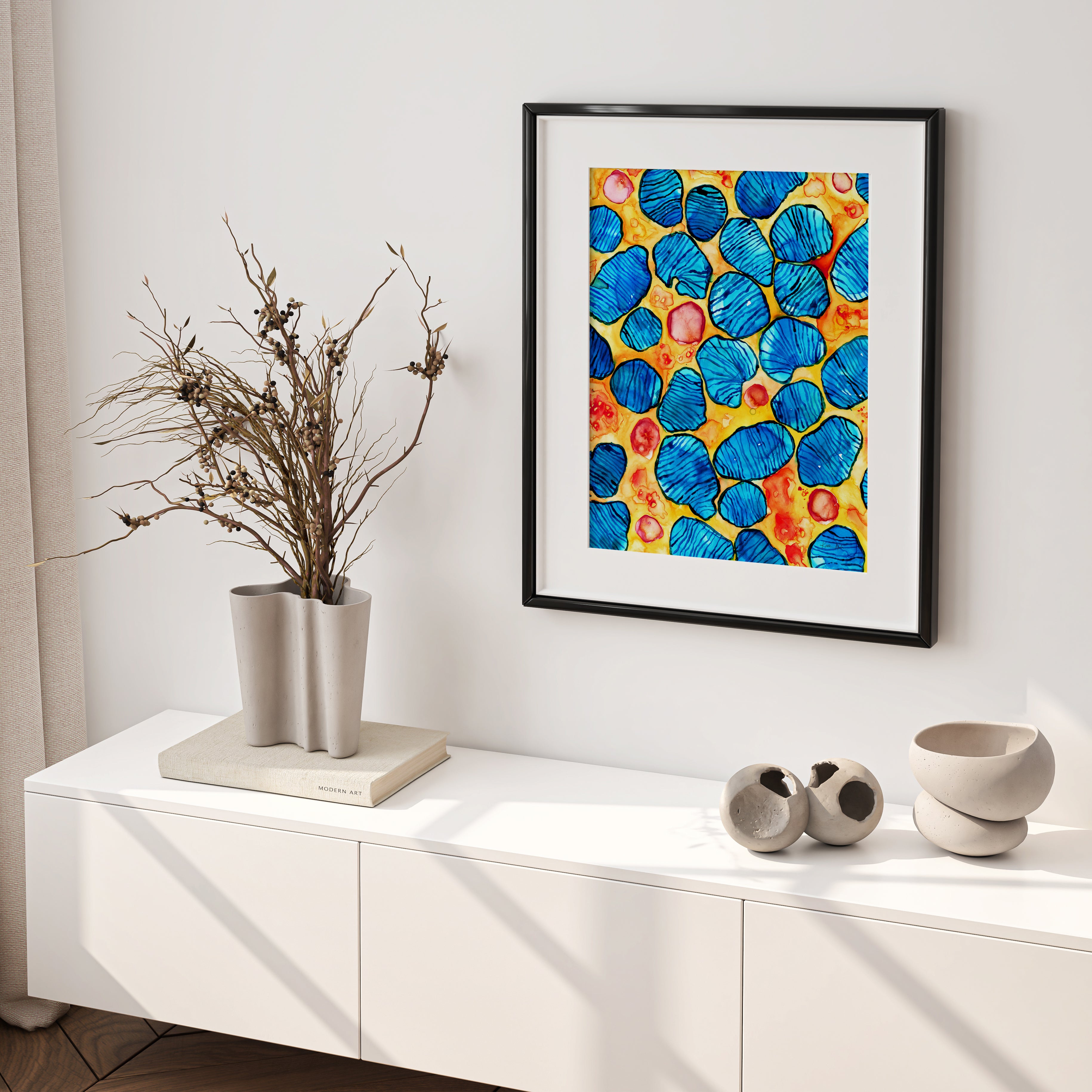 Framed mitochondria print above a side table in a doctor's office- gift for doctor- gift for medical professor