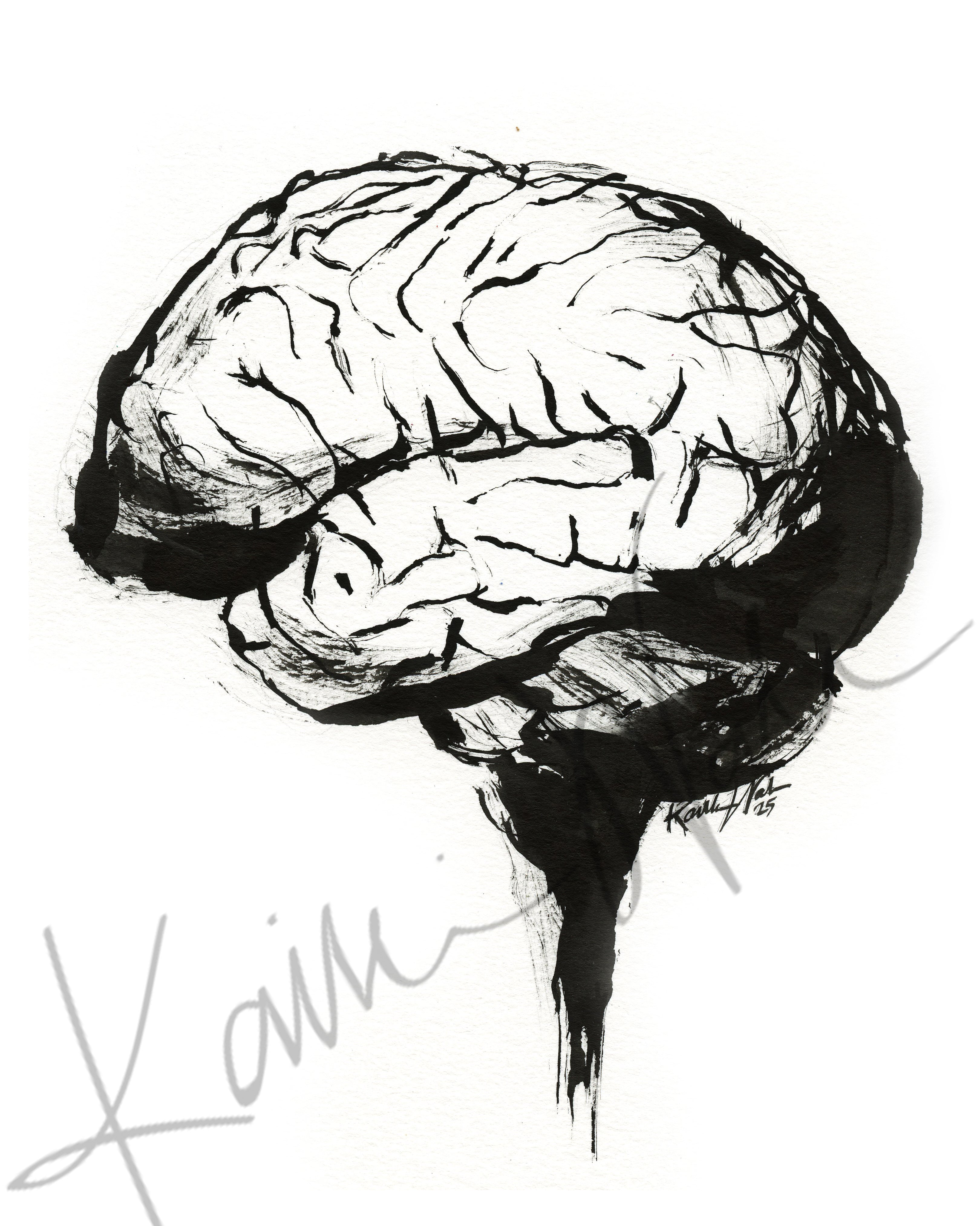 Black and white ink painting of brain anatomy art on a white background. Doctor gift abstract anatomy art print