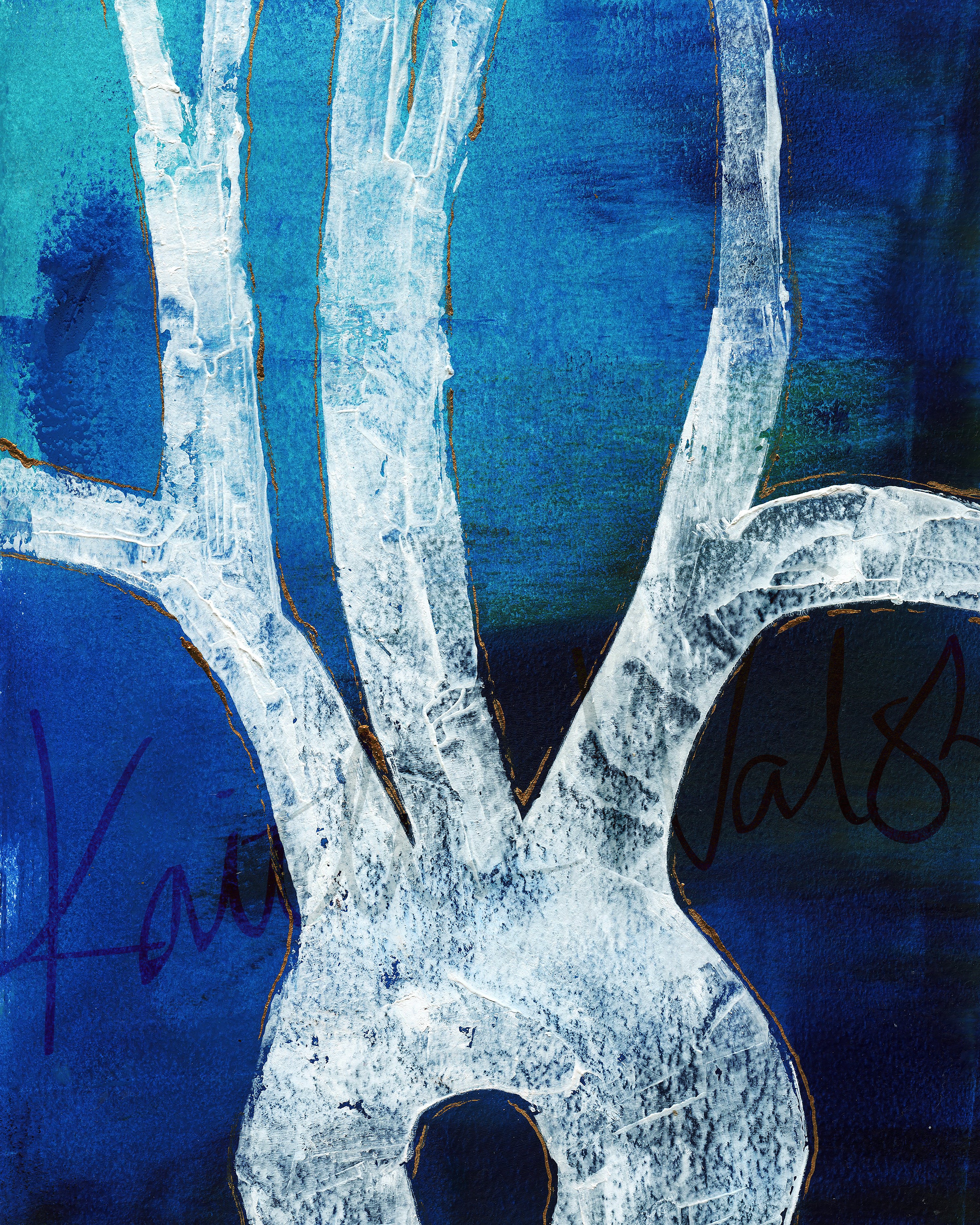 Abstract anatomy art with blue and white colors showing an aorta in oil and cold wax doctor art clinic art premed gift