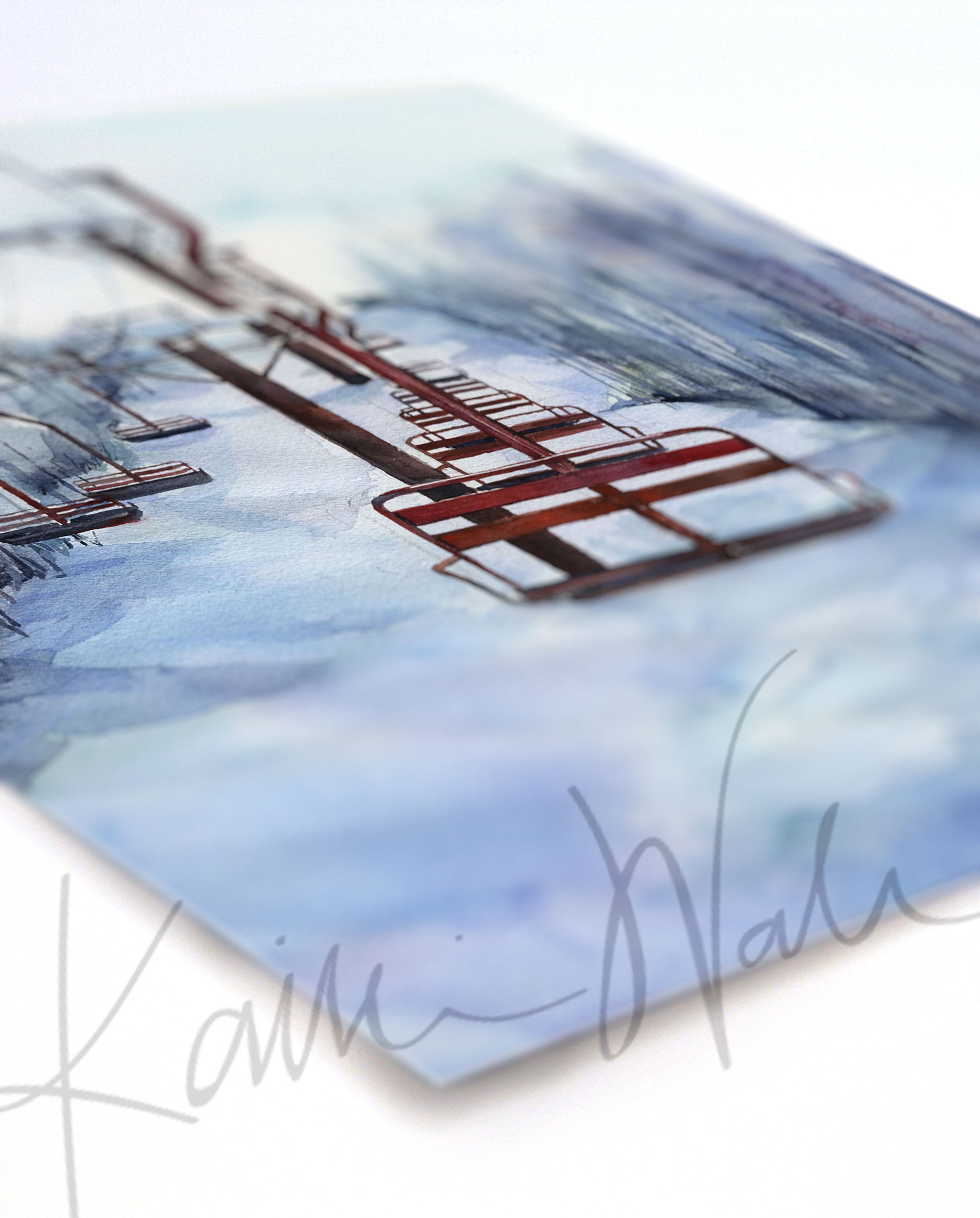 Angled view of a watercolor painting of chairlifts in a snowy scene.