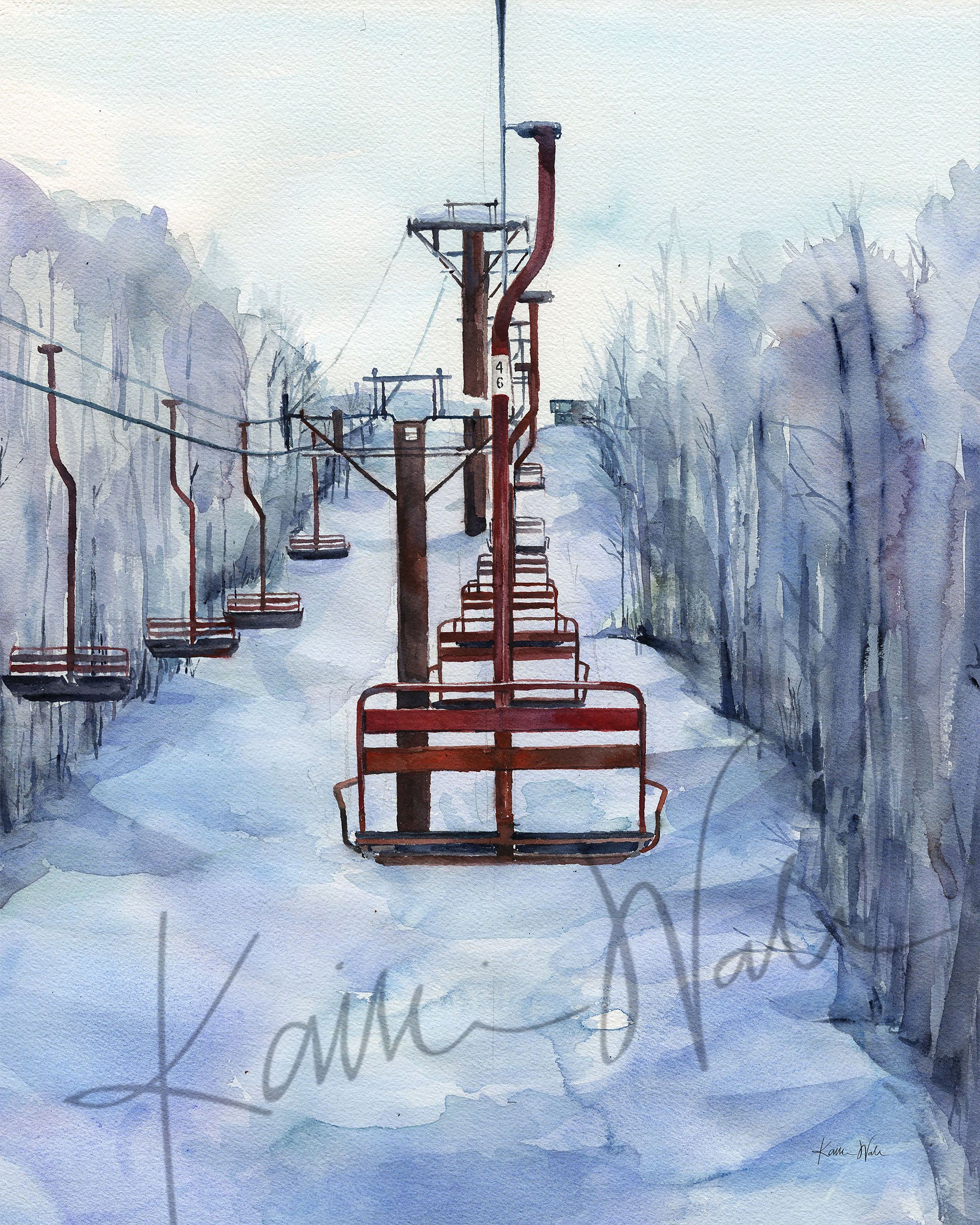 Unframed watercolor painting of chairlifts in a snowy scene.