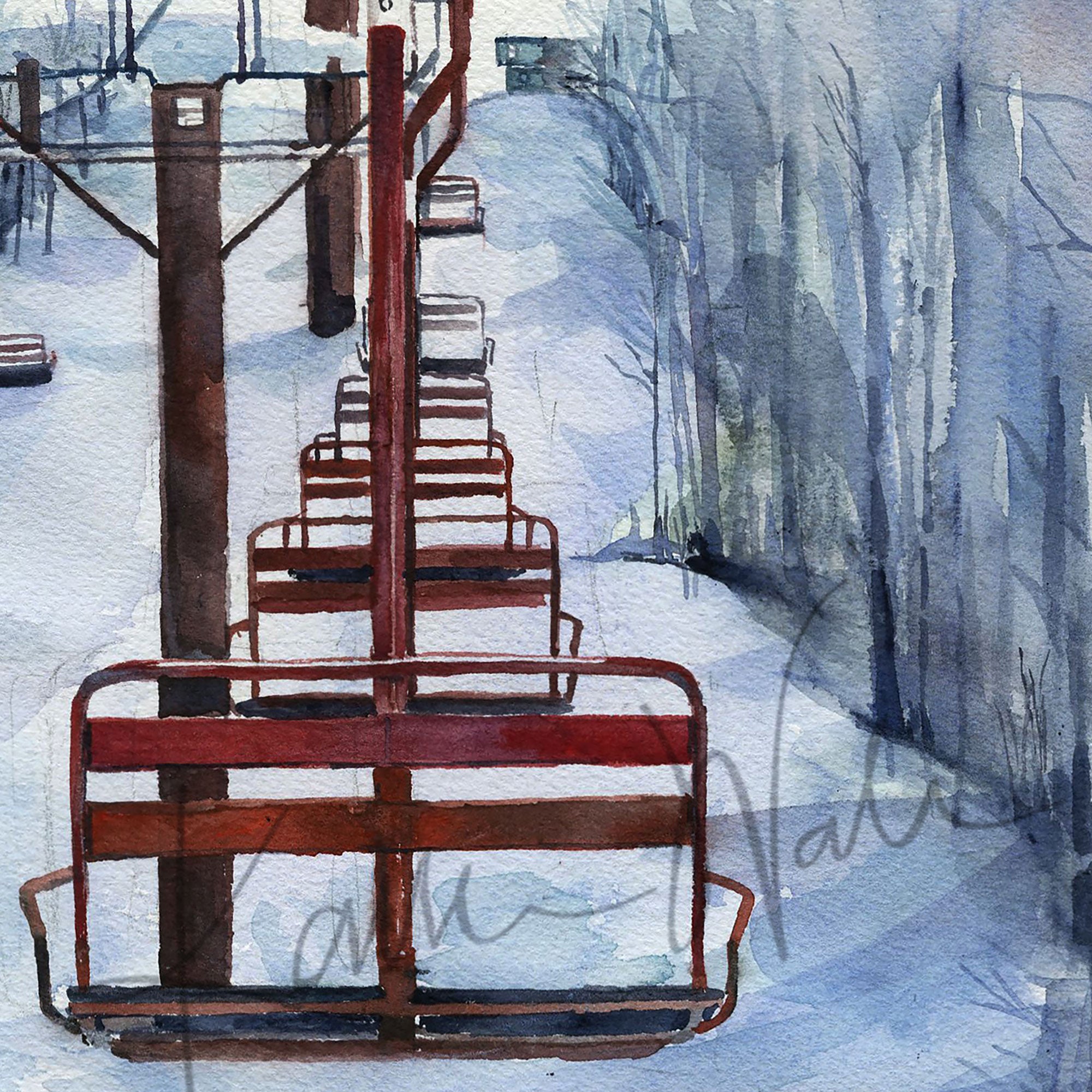 Zoomed in view of a watercolor painting of chairlifts in a snowy scene.