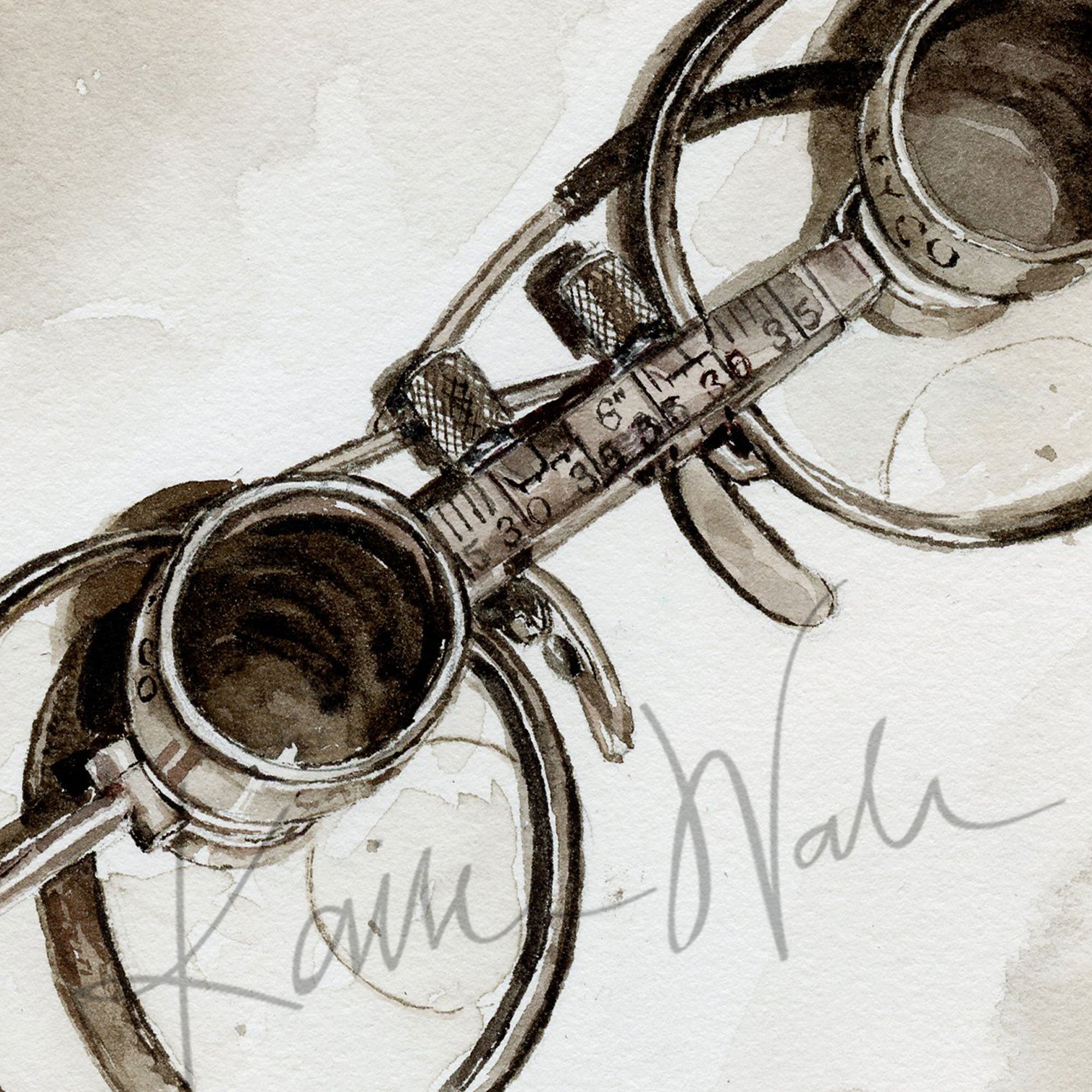 Zoomed in view of a watercolor painting of antique style dental loupes.