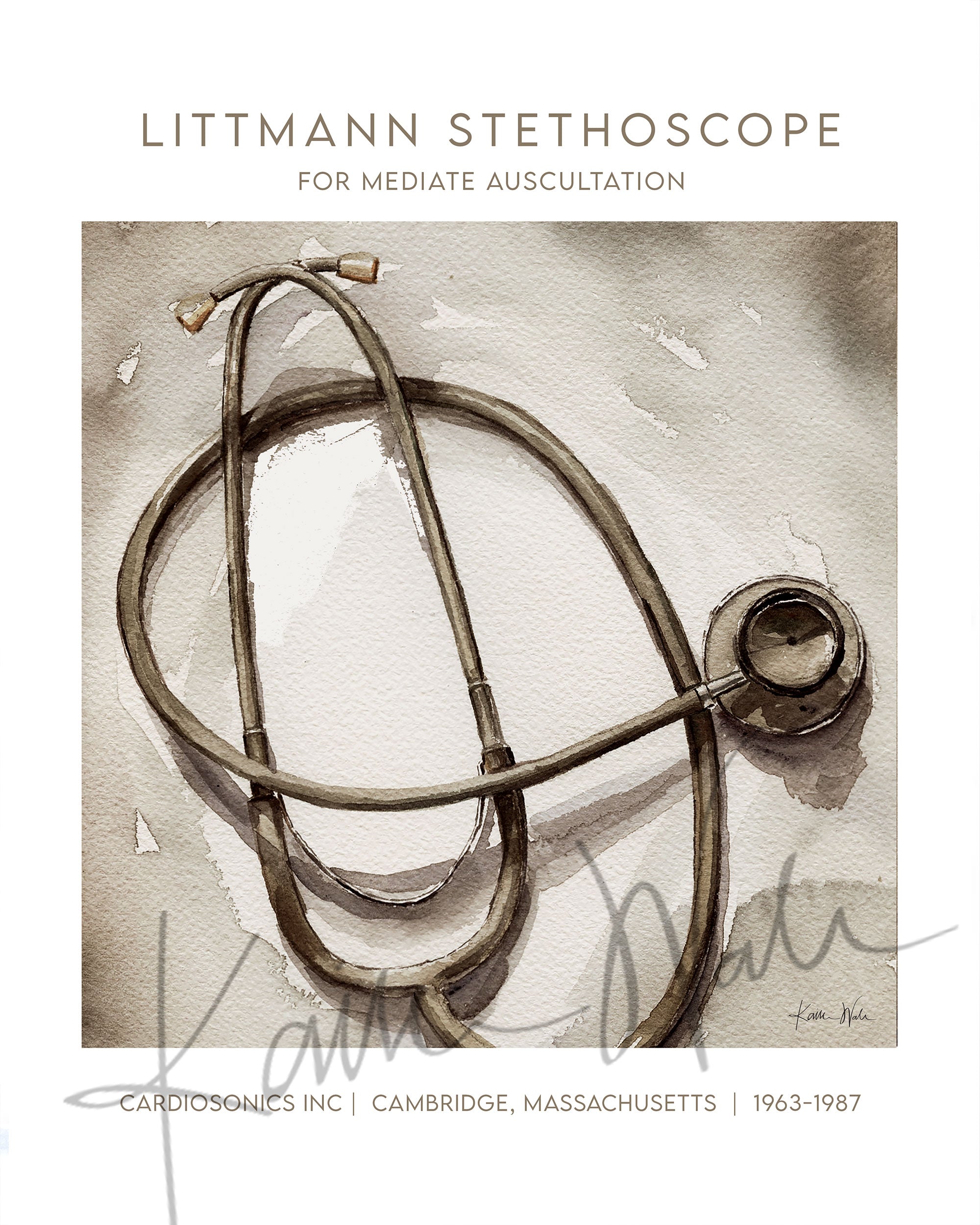 Unframed watercolor painting of a Littmann stethoscope in an antique style.