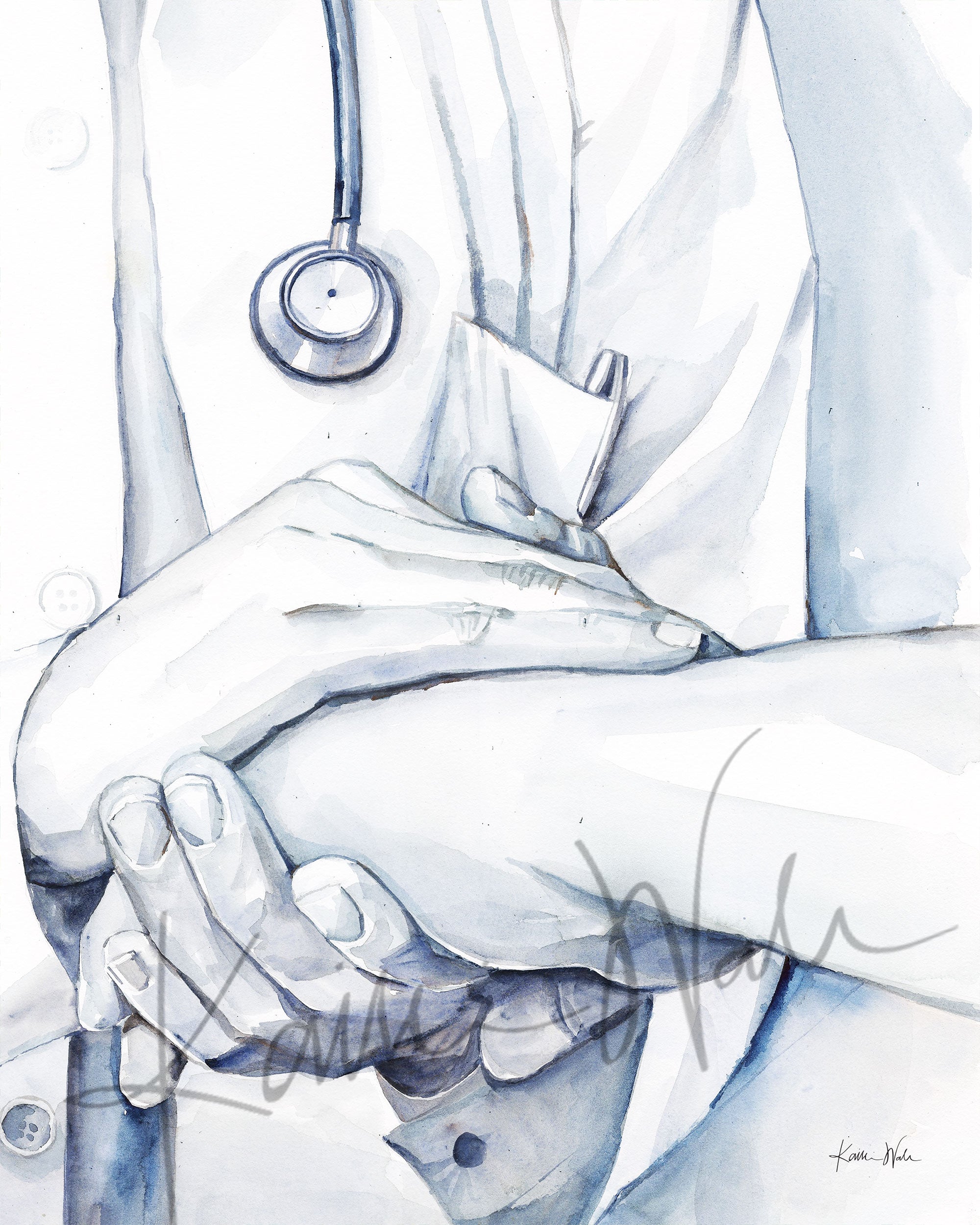 Unframed watercolor painting of a doctor holding a patient’s hand in comfort