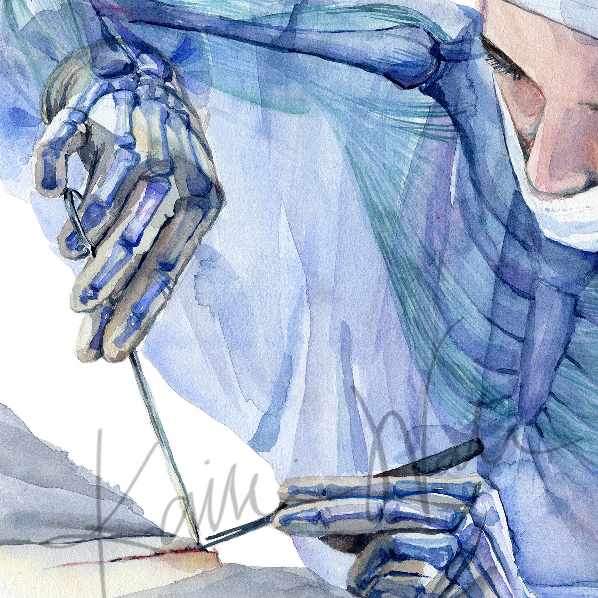 Zoomed in view of a watercolor painting showing the ergonomics of a surgeon at work.