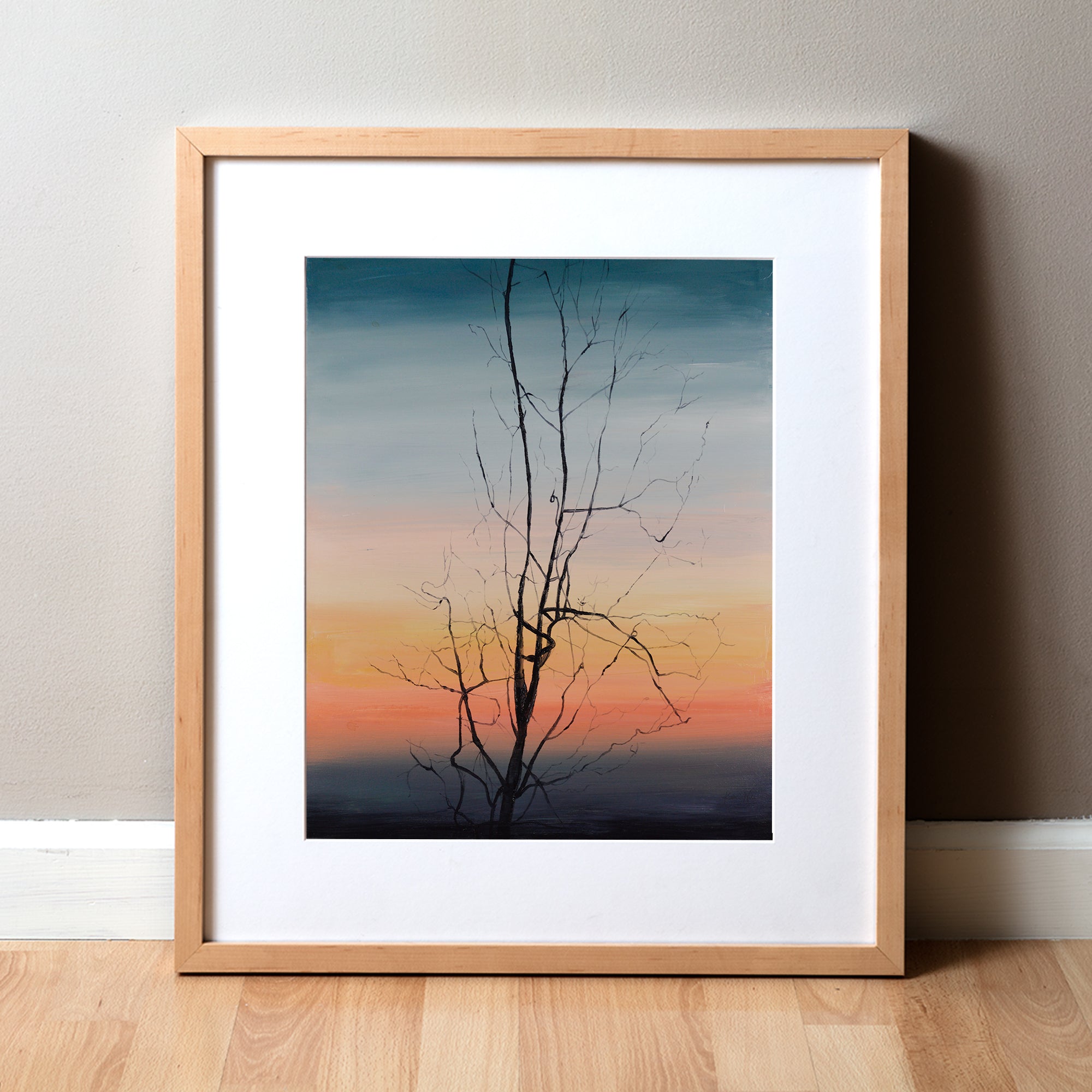 An abstract anatomy painting made out of oil paint that looks like a tree but shows the femoral artery and its branches. It looks like a tree silhouetted on a sunset sky, but it is actually an artery and shows human anatomy art. Perfect doctor gift or med student gift and looks like it belongs as doctor office art.