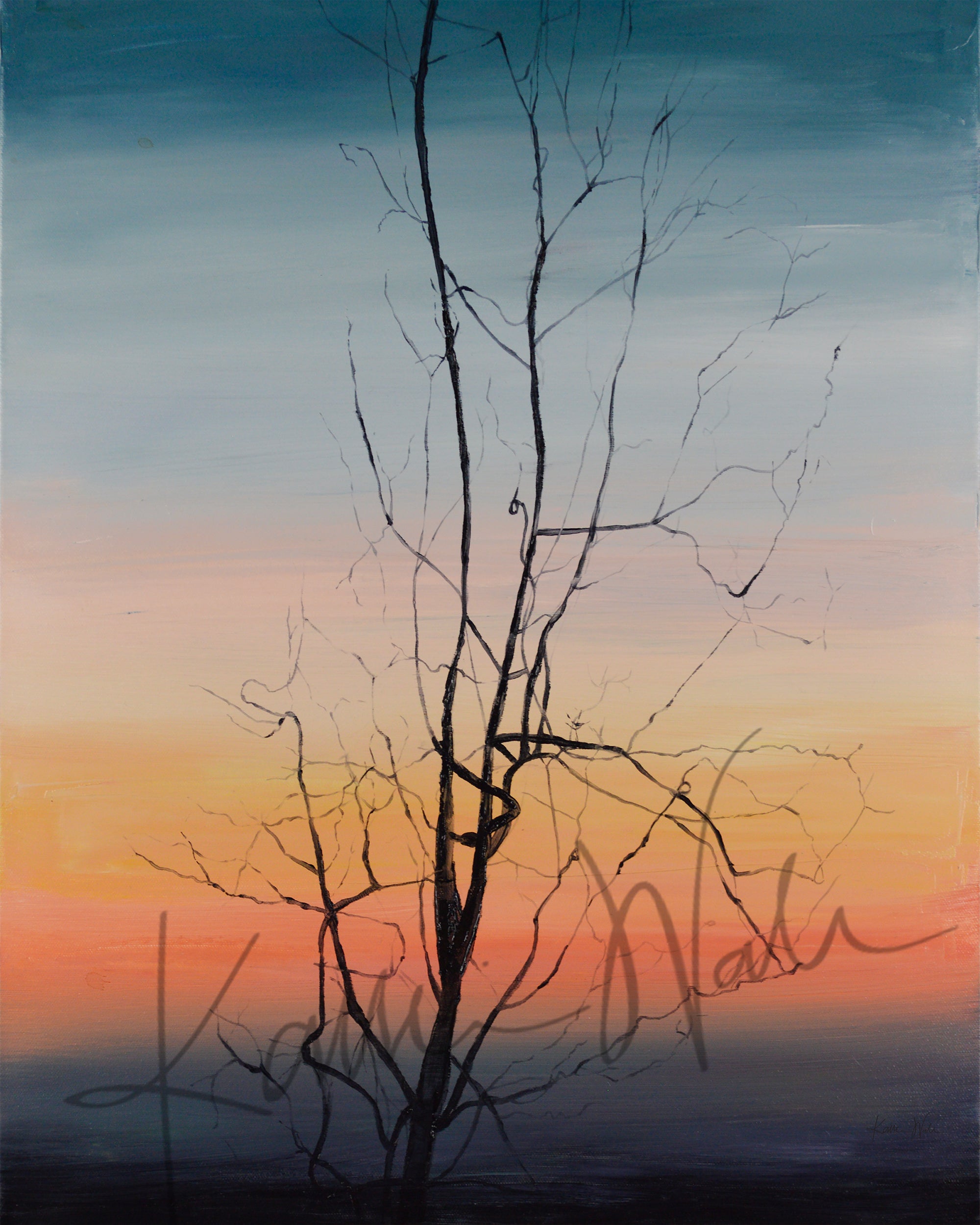 An abstract anatomy painting made out of oil paint that looks like a tree but shows the femoral artery and its branches. It looks like a tree silhouetted on a sunset sky, but it is actually an artery and shows human anatomy art. Perfect doctor gift or med student gift and looks like it belongs as doctor office art.
