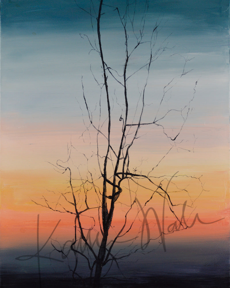 An abstract anatomy painting made out of oil paint that looks like a tree but shows the femoral artery and its branches. It looks like a tree silhouetted on a sunset sky, but it is actually an artery and shows human anatomy art. Perfect doctor gift or med student gift and looks like it belongs as doctor office art.
