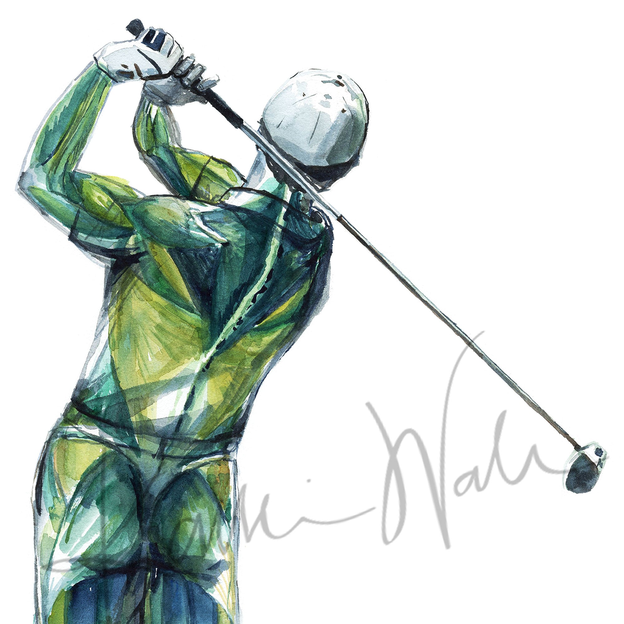 Zoomed in view of a watercolor painting of a golfer’s anatomy during a golf swing.