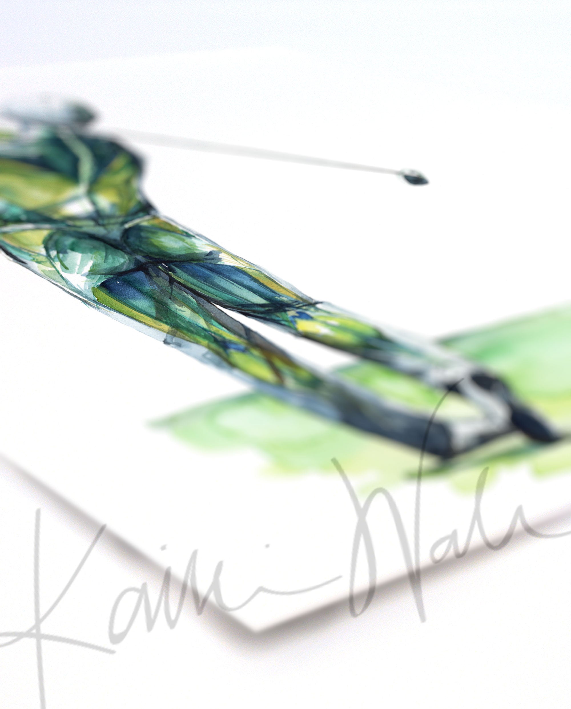 Angled view of a watercolor painting of a golfer’s anatomy during a golf swing.