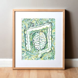 Framed watercolor painting of a portrayal of the gut-mind-body connection.