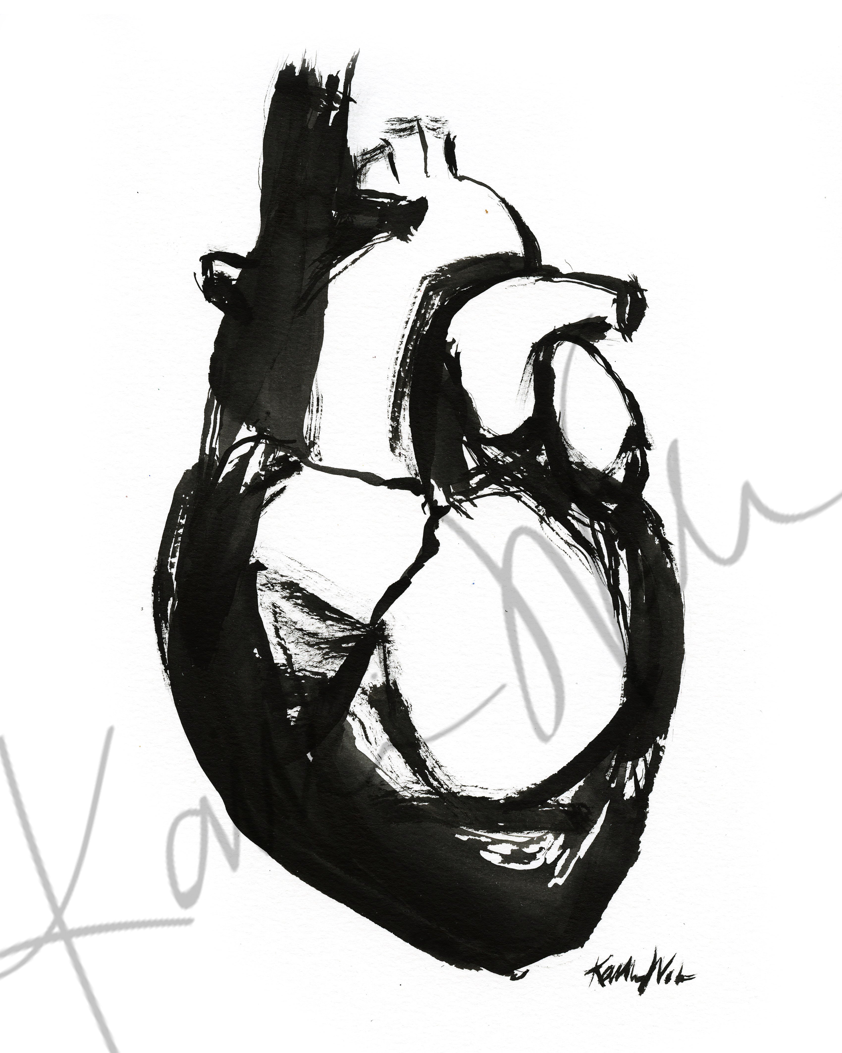 Black and white abstract painting of an abstract anatomy heart art on a white background