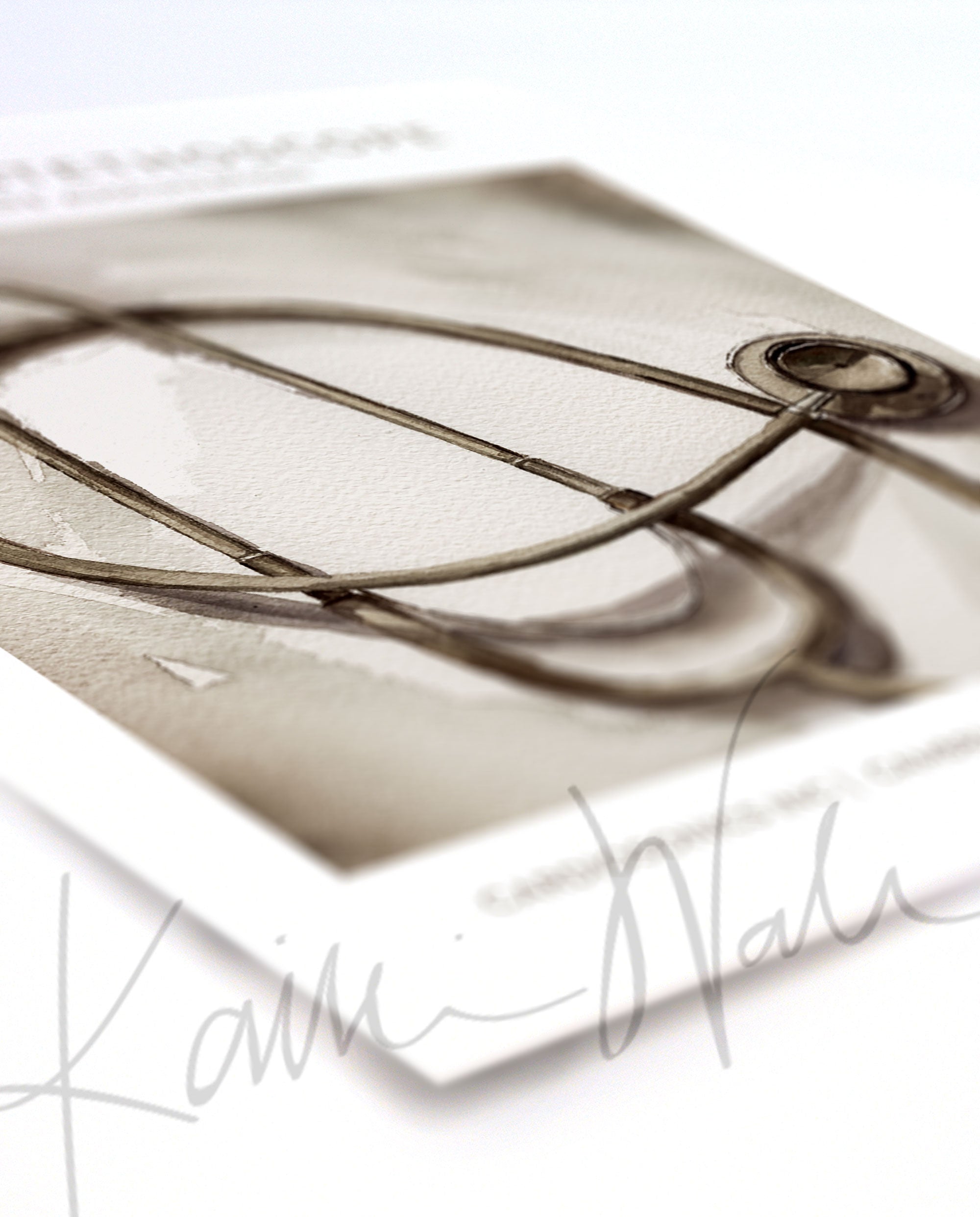 Angled view of a watercolor painting of a Littmann stethoscope with information on it in an antique style
