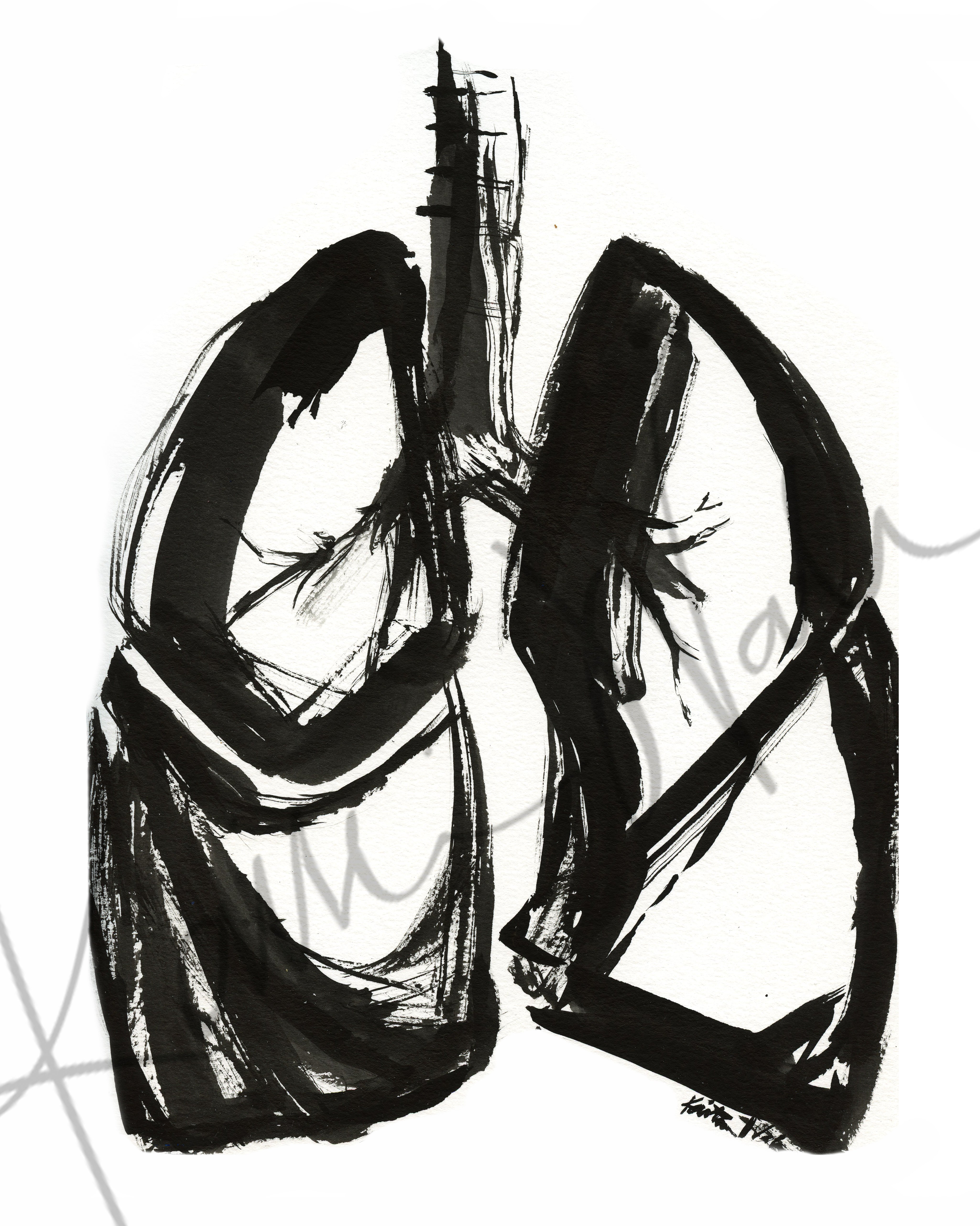 Black and white painting of abstract anatomy. lungs