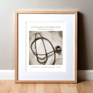 Framed watercolor painting of a Littmann stethoscope with information on it in an antique style