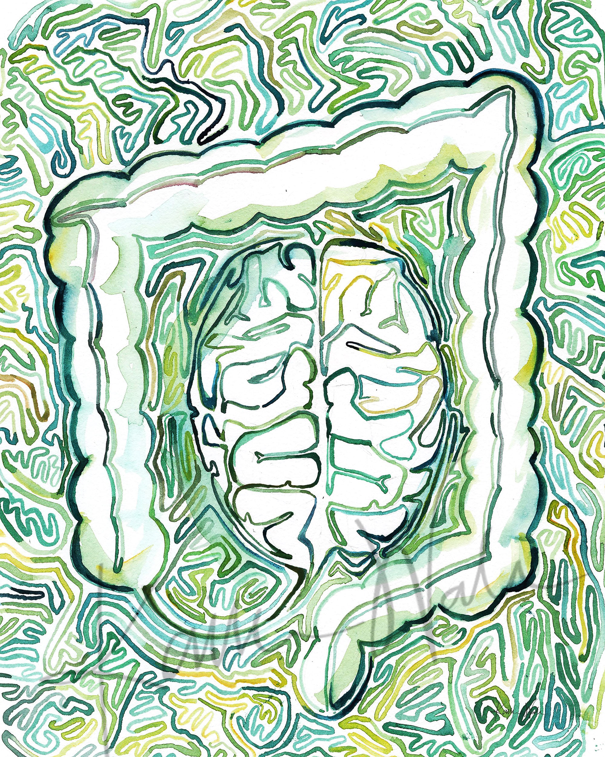 Unframed watercolor painting of a portrayal of the gut-mind-body connection.