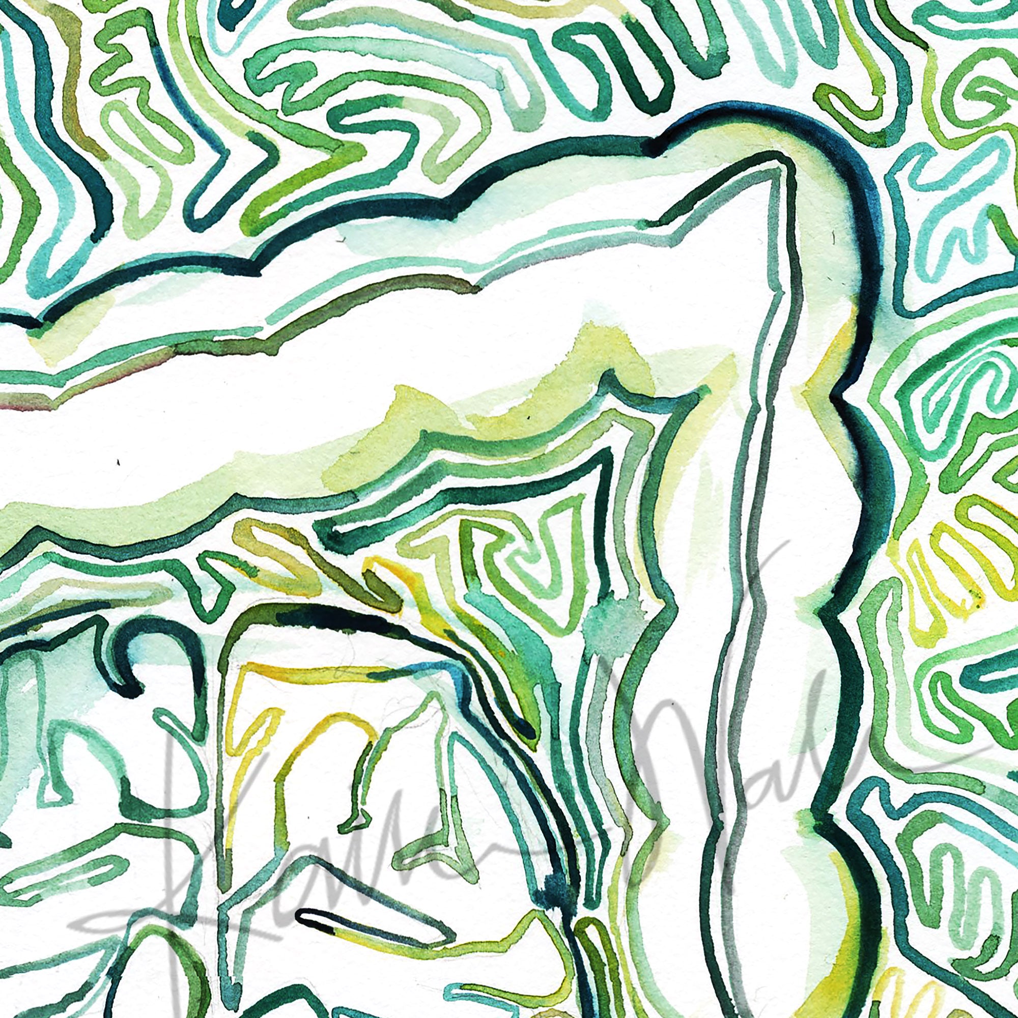 Zoomed in view of a watercolor painting of a portrayal of the gut-mind-body connection.