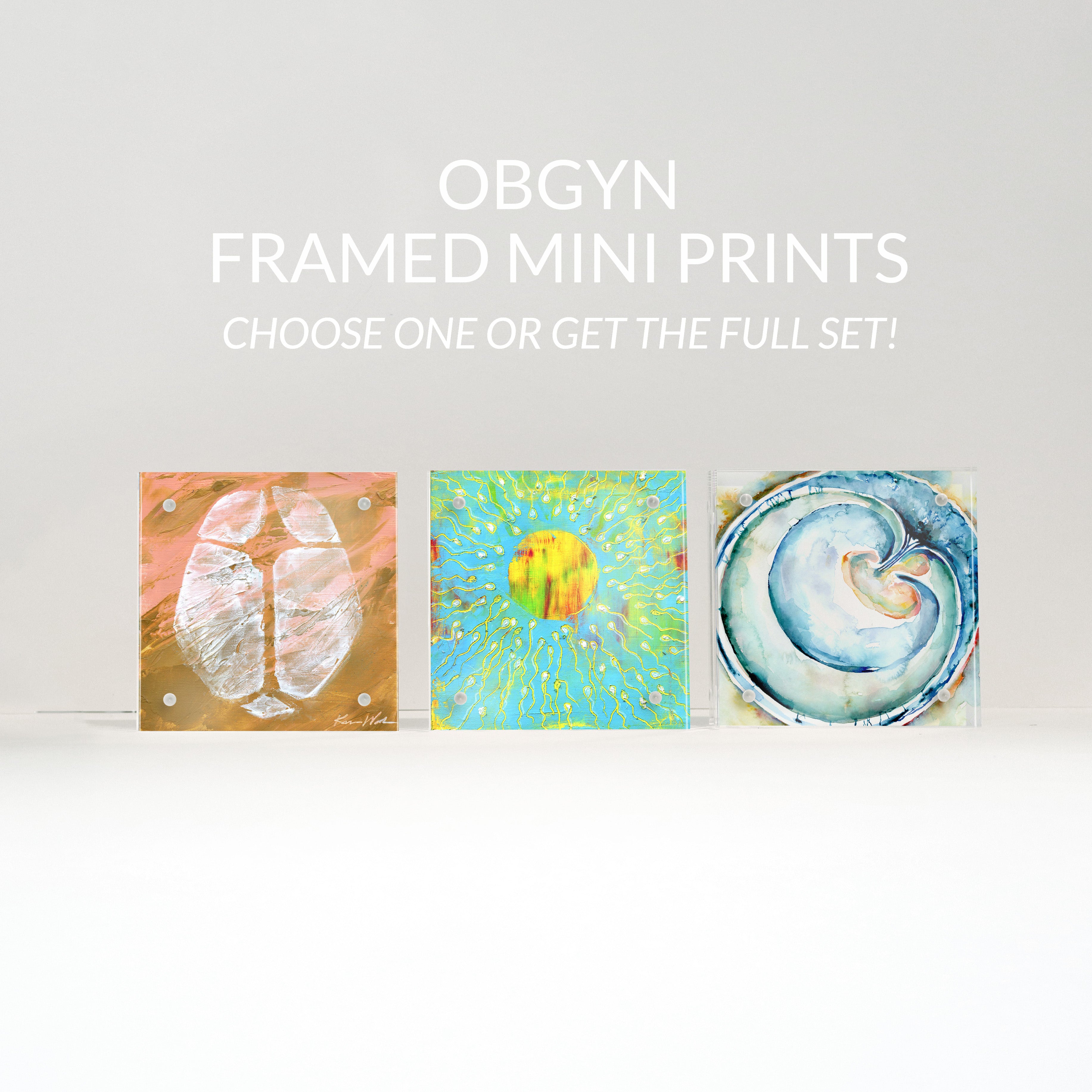 Three framed mini anatomy art doctor gift prints on a white background with text 'OBGYN FRAMED MINI PRINTS' above.