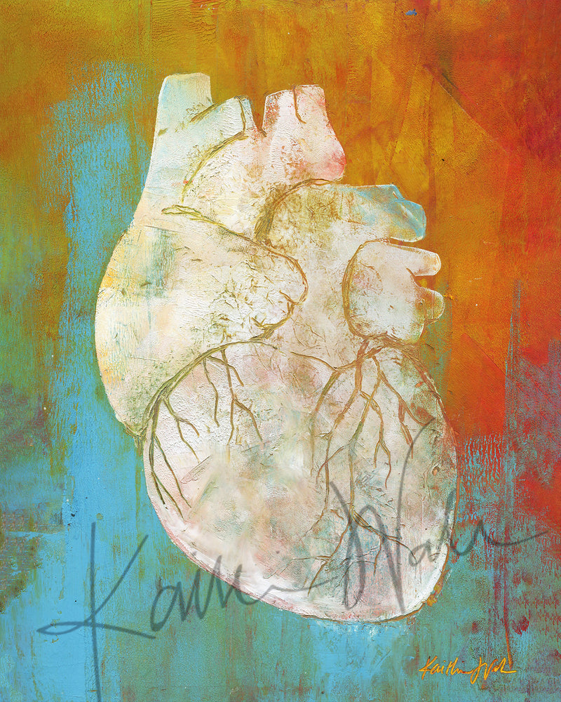 An abstract anatomy art painting of a whtie heart on an orange and teal background