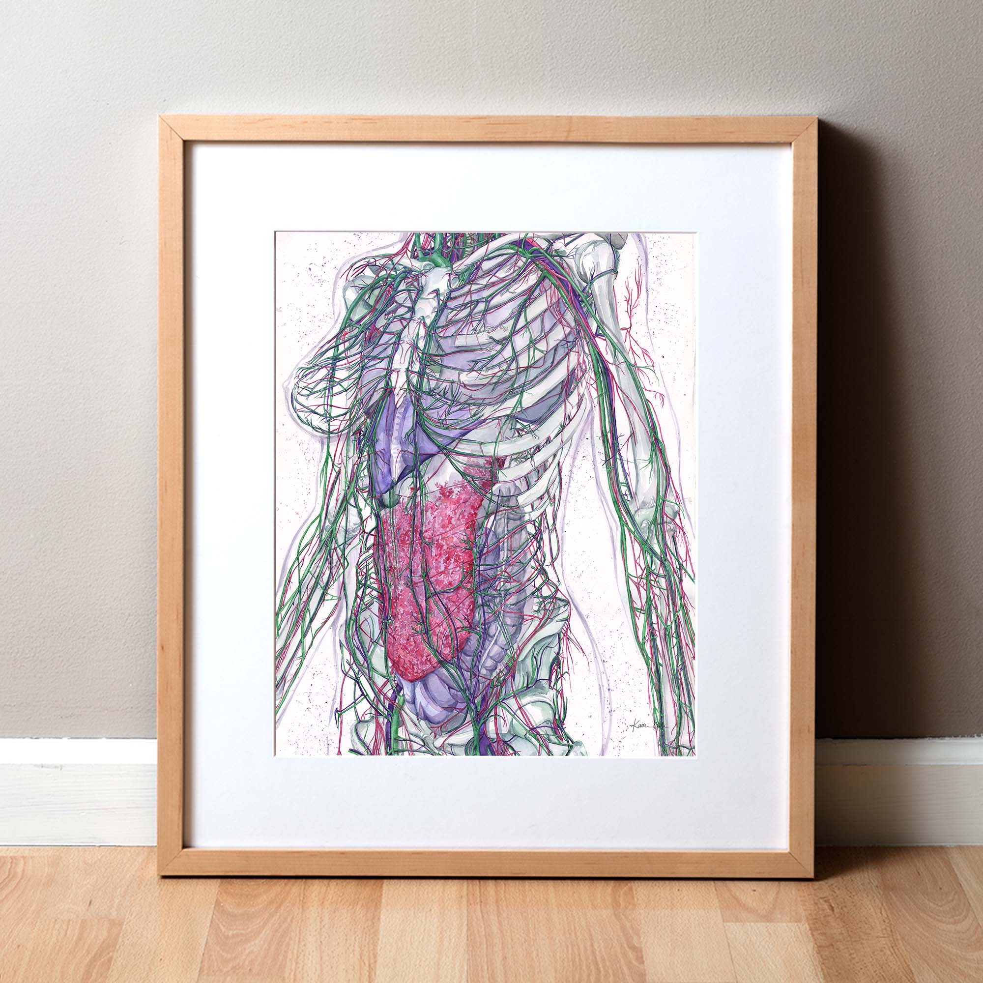 A framed watercolor print depicting a stylized representation of human body systems with green, purple, and pink lines. It is made for doctor's office art or a gift for a physician or med student gift.