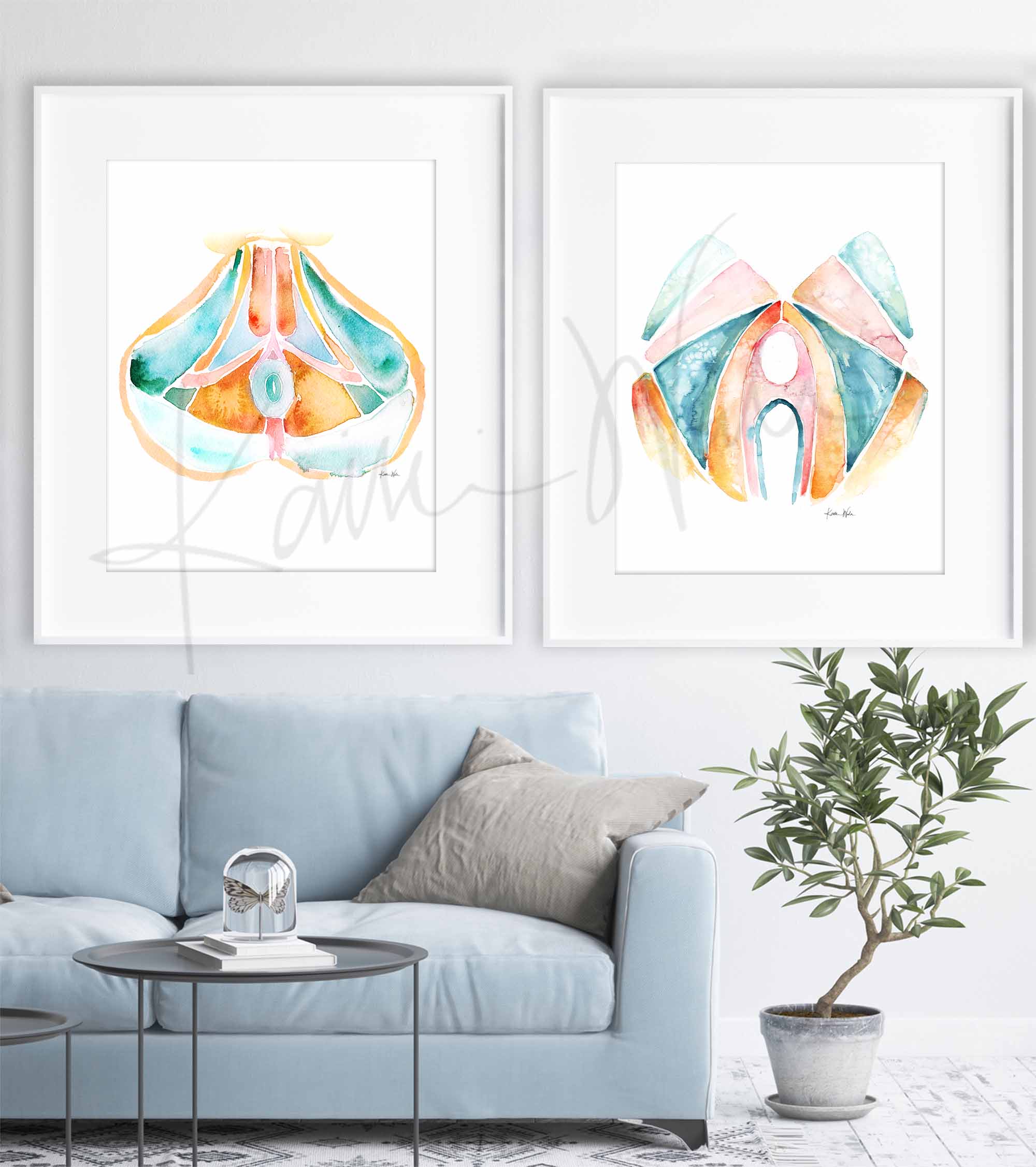 Female and Male Pelvic Floor Set of Two Watercolor Prints