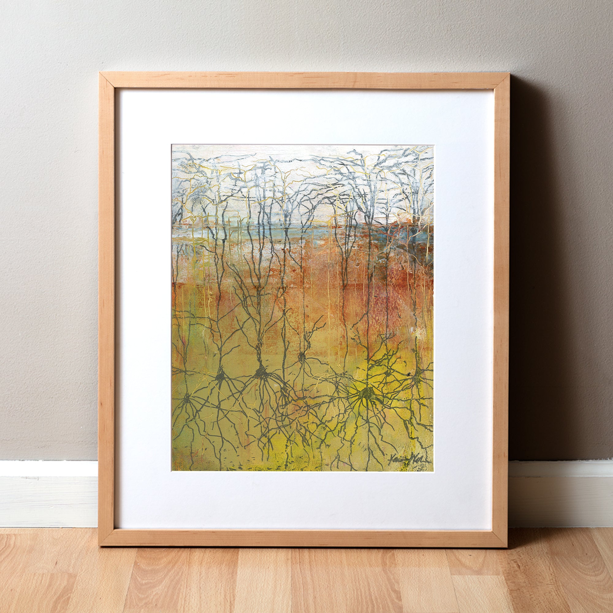 Framed abstract anatomy art that shows neuron, or brain cells, made from an oil and cold wax painting. Perfect for a doctor's office or medical student.