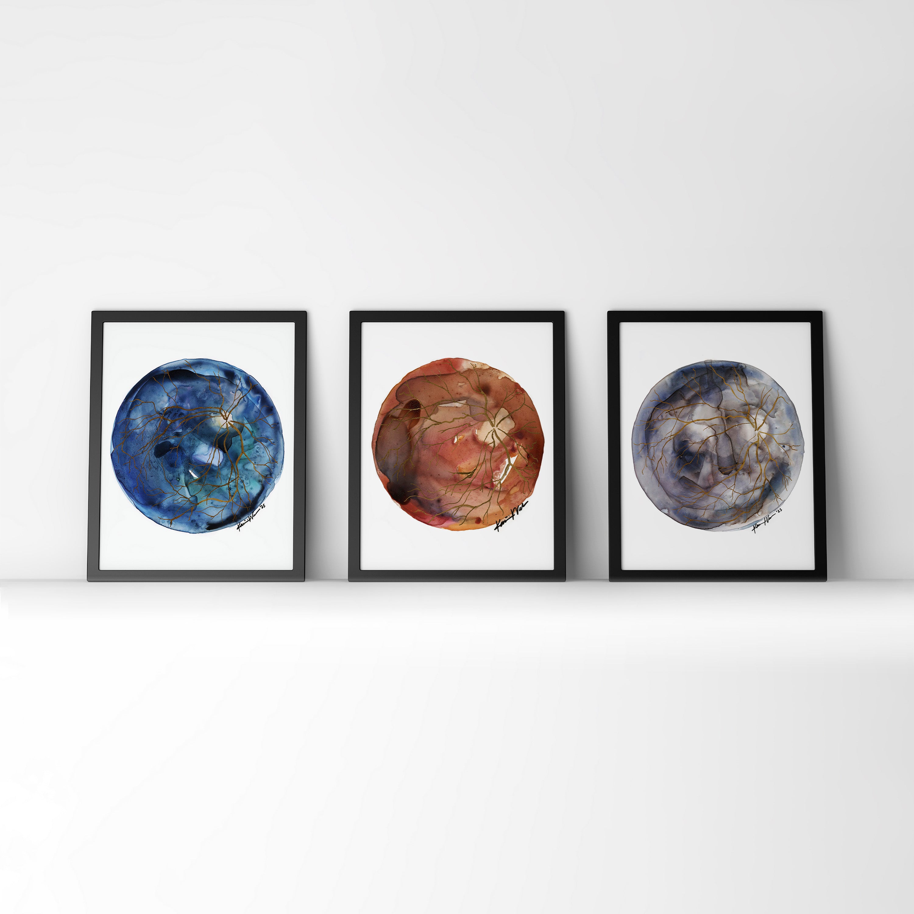 Red, Blue, and Gray Retina Watercolor Print Set