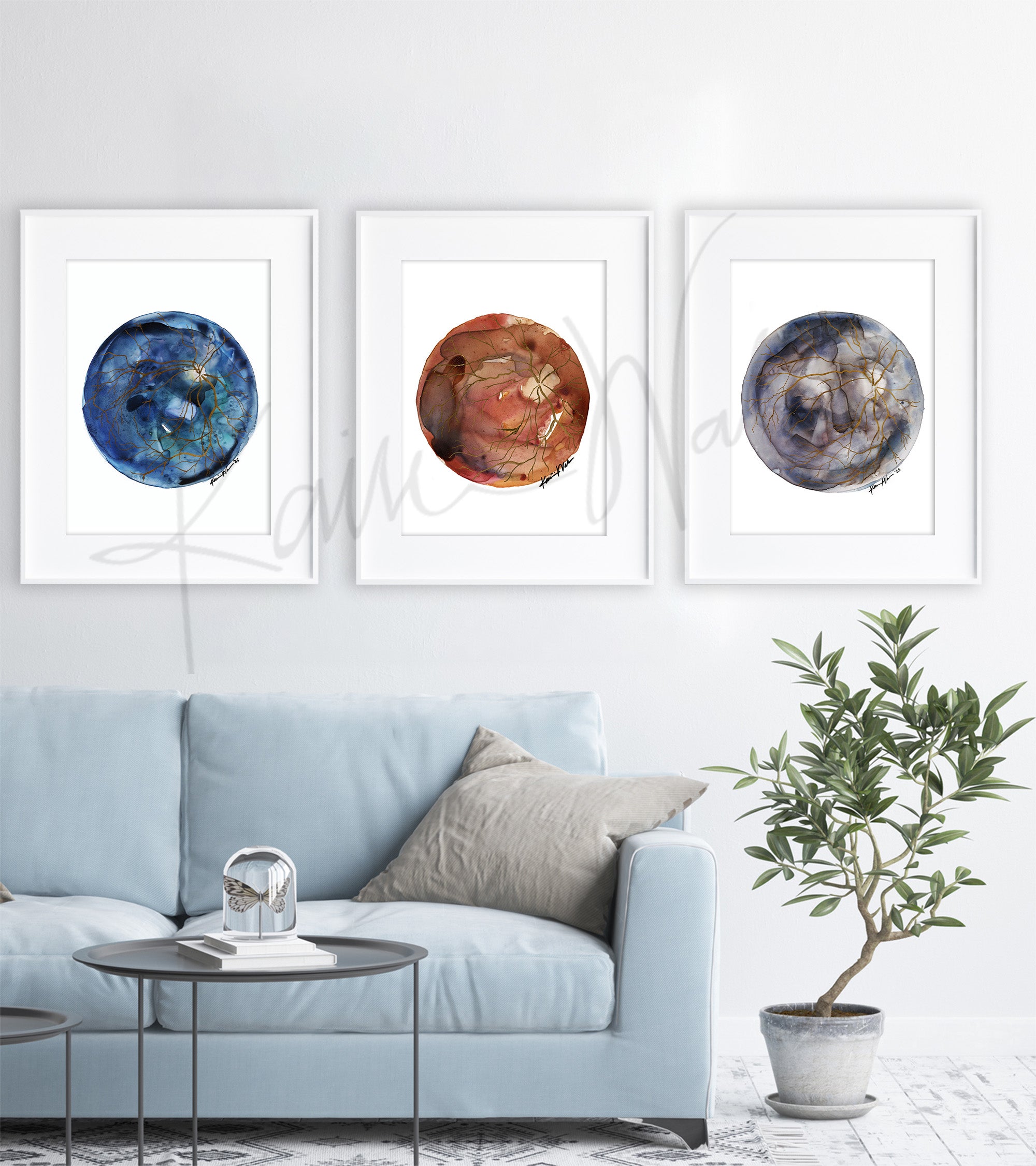 Red, Blue, and Gray Retina Watercolor Print Set