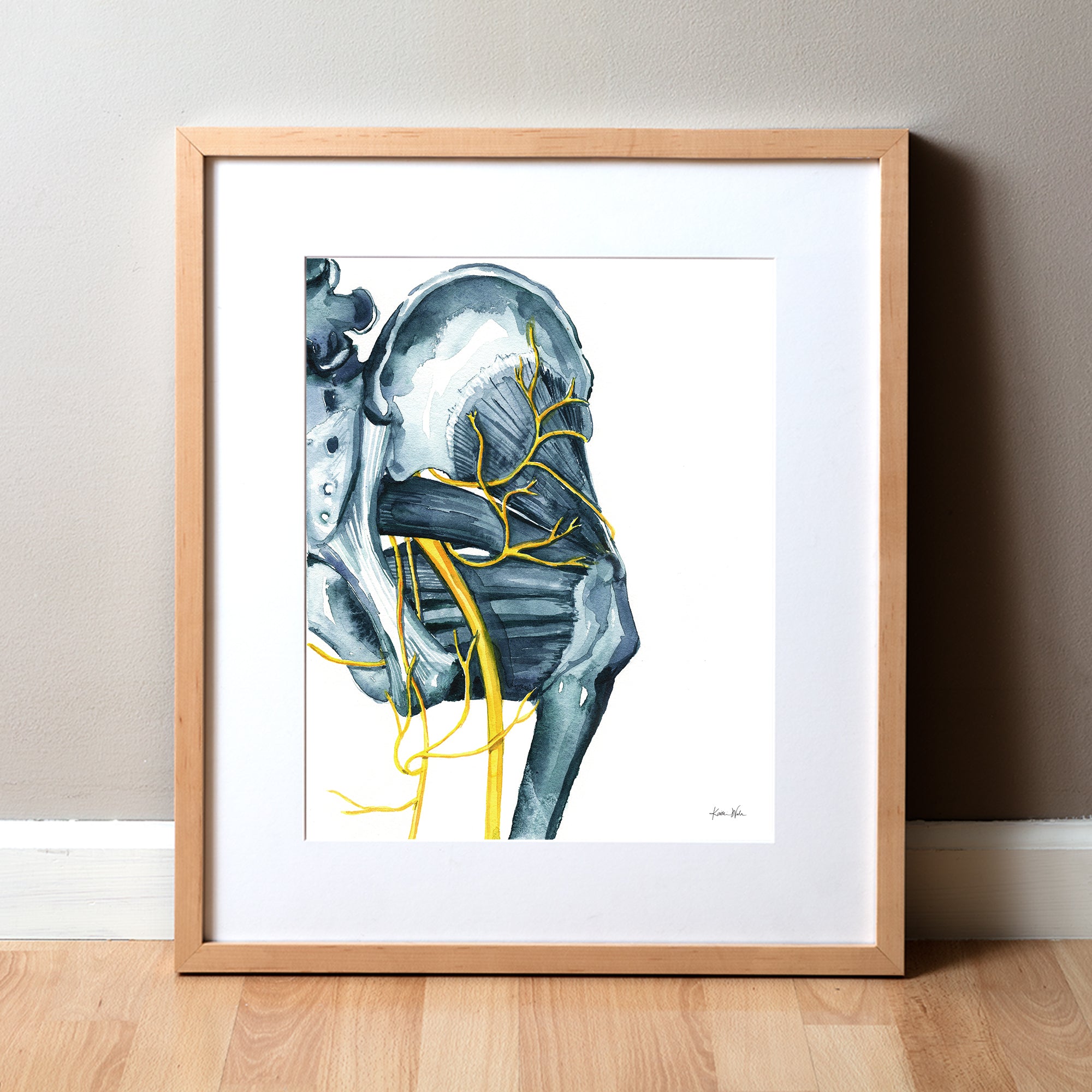 abstract anatomy art print for a physical therapist or a PT gift or medical office art that shows the sciatic nerve and the pelvis and muscles.
