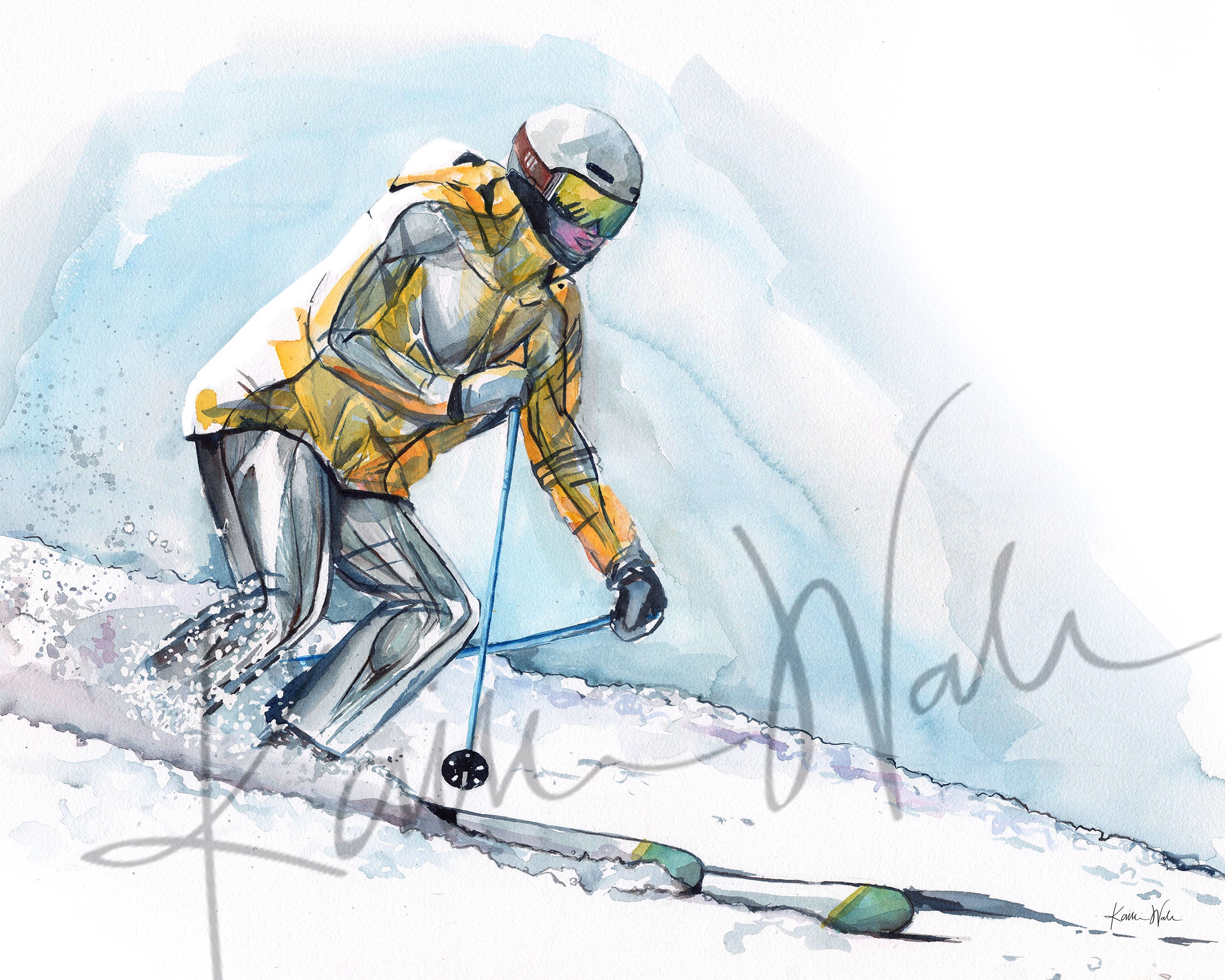 Unframed watercolor painting of a skier going down a ski hill with their muscle anatomy showing under their clothing. 