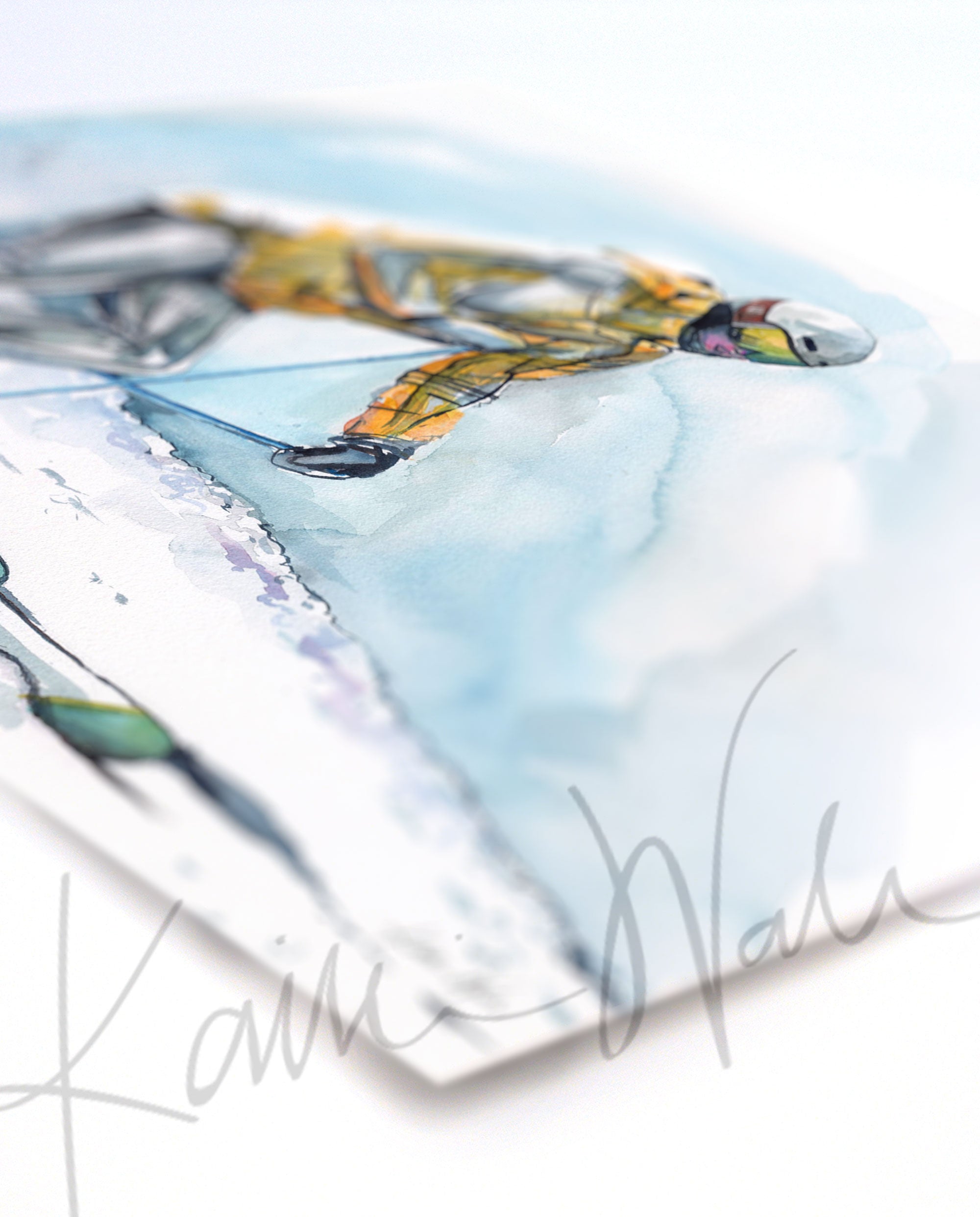 Angled view of a watercolor painting of a skier going down a ski hill with their muscle anatomy showing under their clothing.