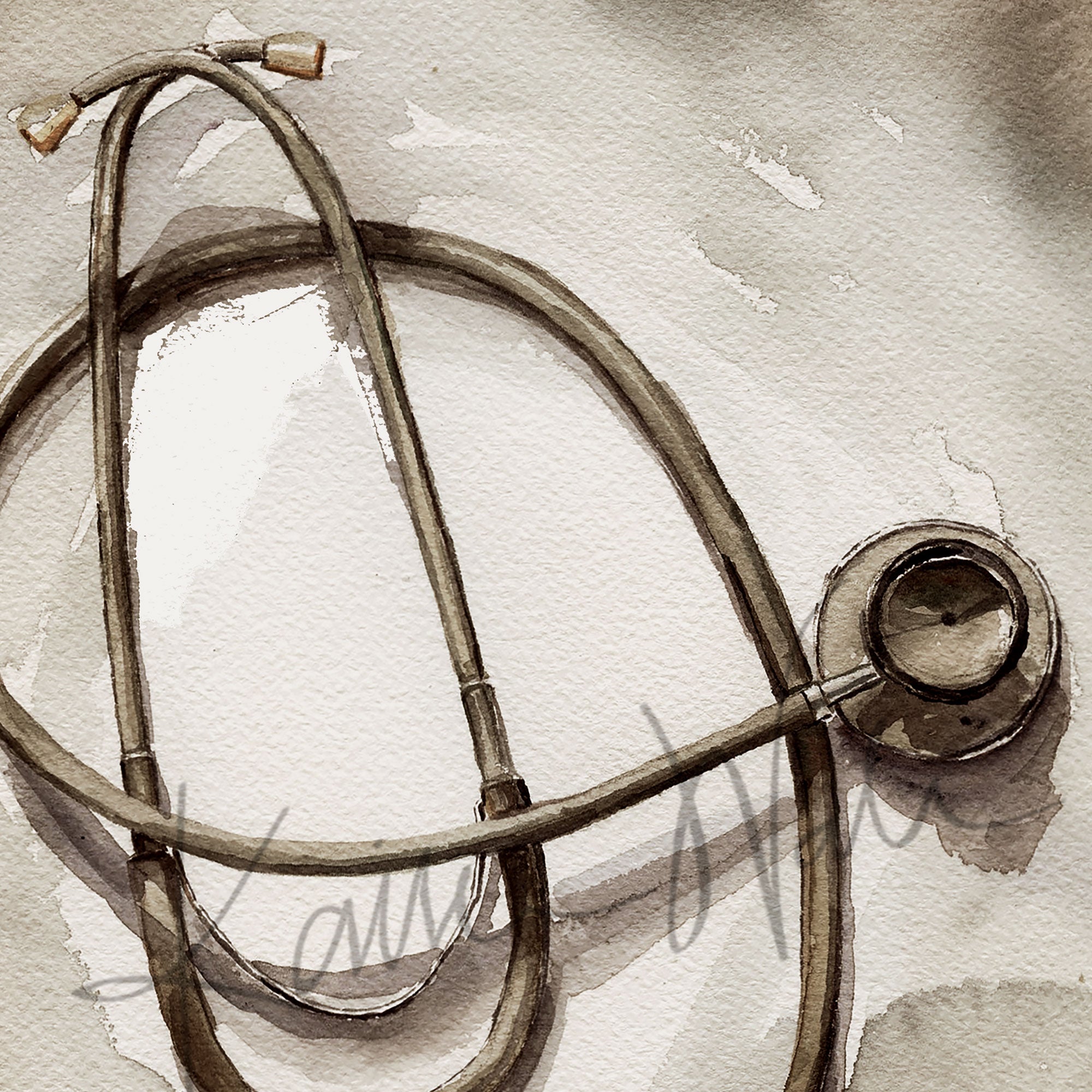 Zoomed in view of a watercolor painting of a Littmann stethoscope with information on it in an antique style