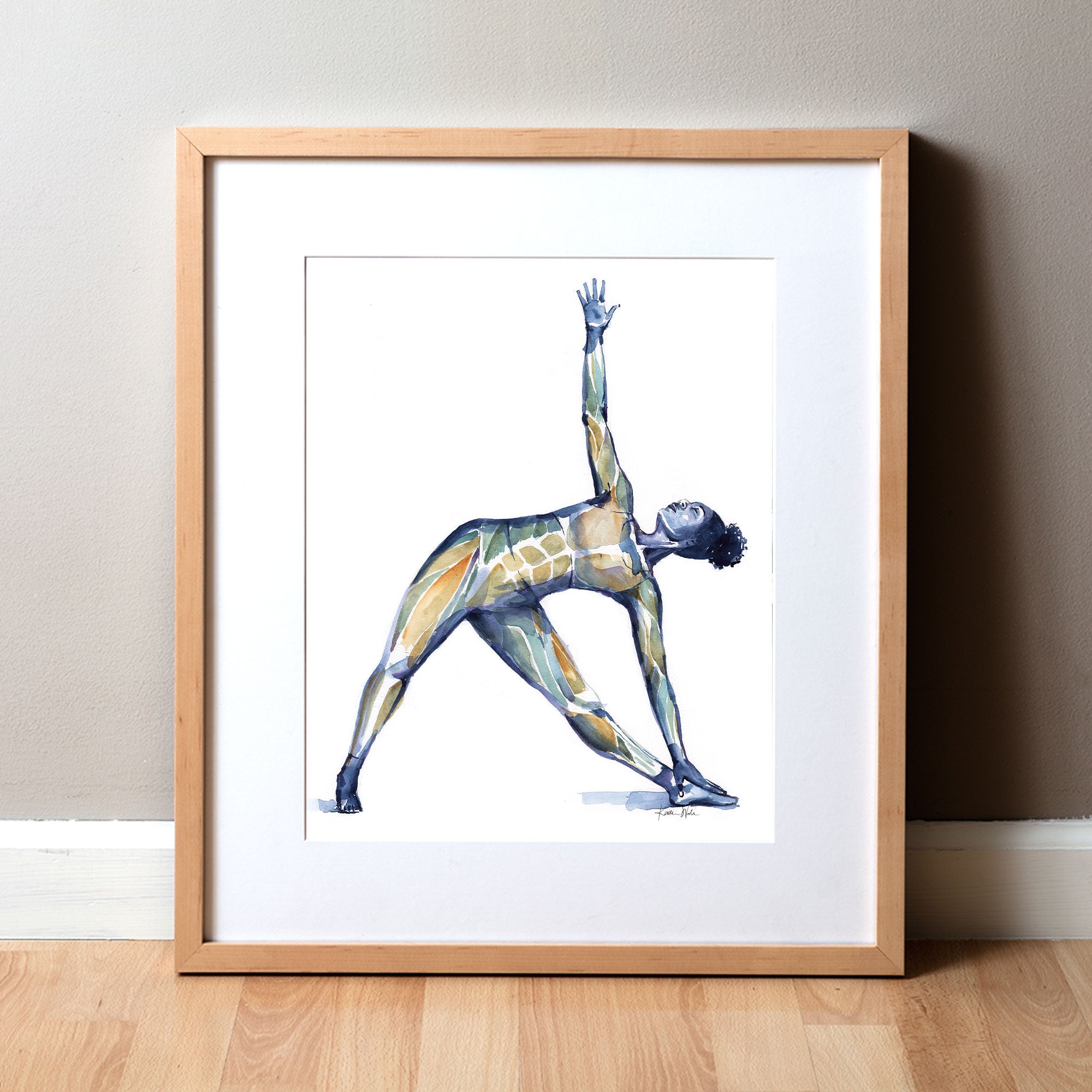 Framed watercolor painting of a woman doing a triangle yoga pose with her muscular system showing beneath her skin.