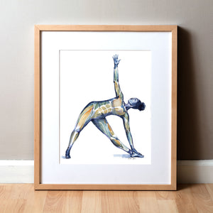 Framed watercolor painting of a woman doing a triangle yoga pose with her muscular system showing beneath her skin.