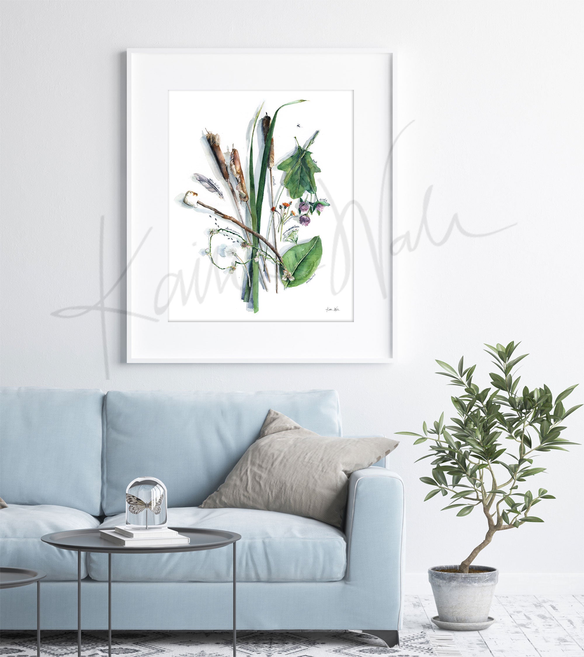 Framed watercolor painting of a collection of summer foraged items.The painting is hanging over a blue couch.