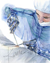 Unframed watercolor painting showing the ergonomics of a surgeon at work.