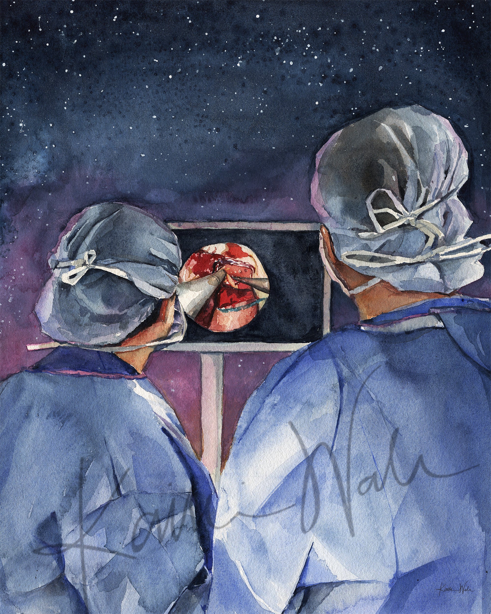 Surgery in the Night Sky Watercolor Print