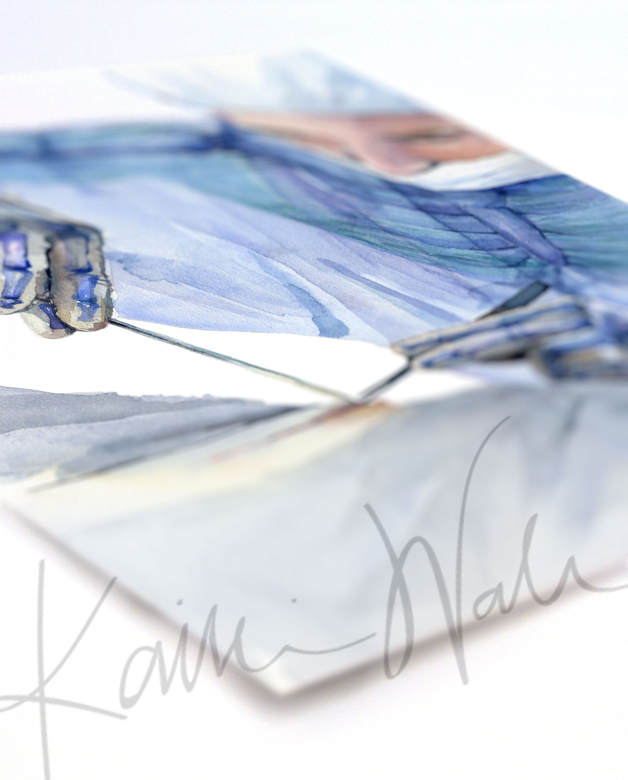 Angled view of a watercolor painting showing the ergonomics of a surgeon at work. 