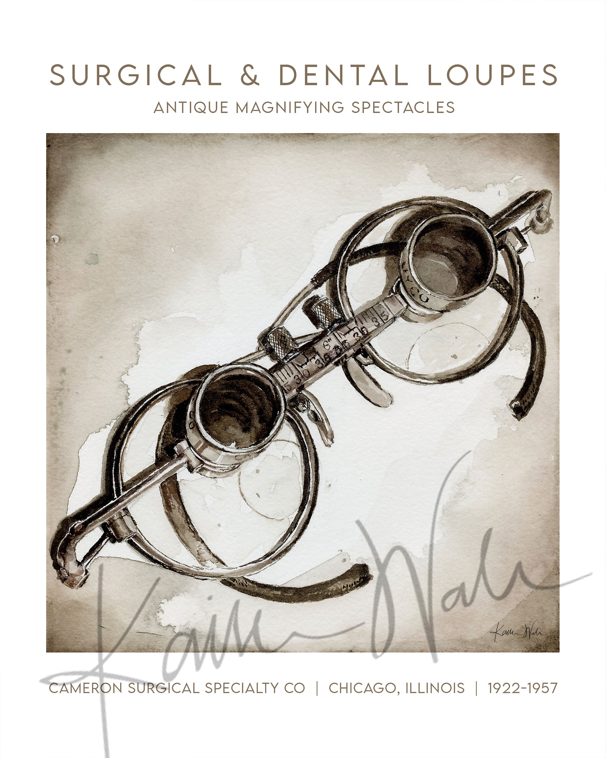 Unframed watercolor painting of antique style dental loupes.