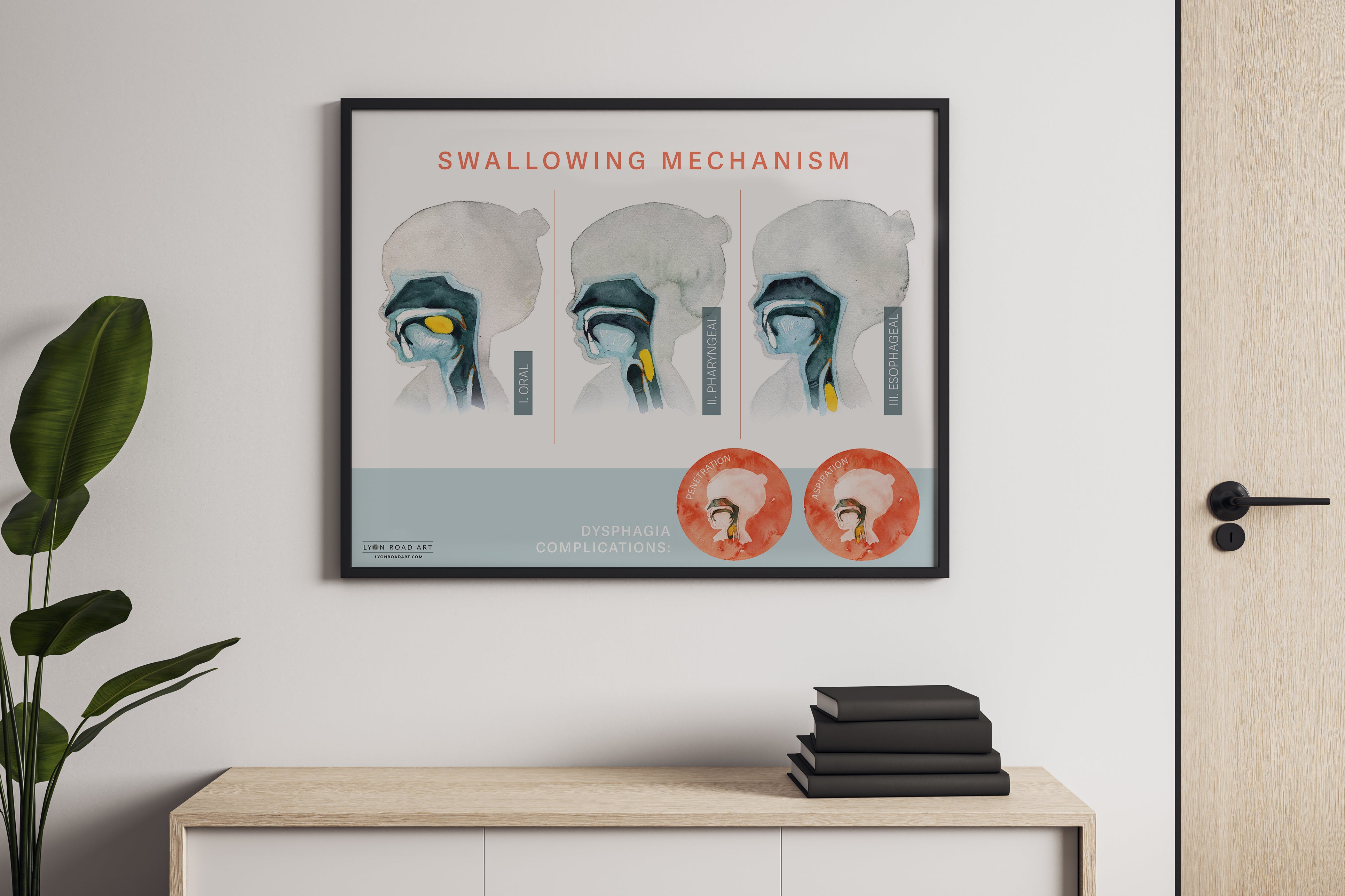 Framed speech pathology educational poster on a clinic wall above a wooden cabinet with books.