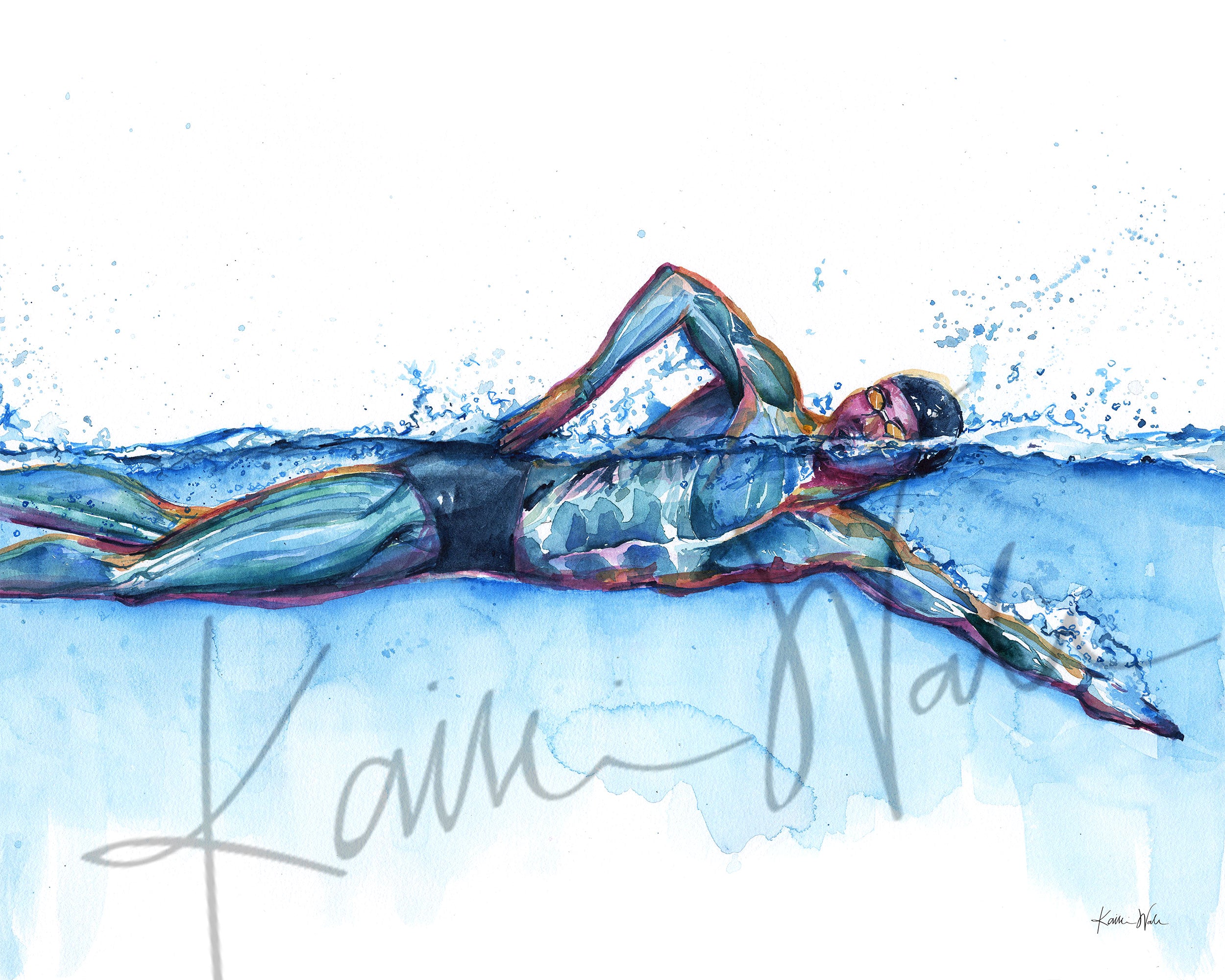 Unframed watercolor painting of a swimmer in mid stroke showing the swimmer’s muscular anatomy.