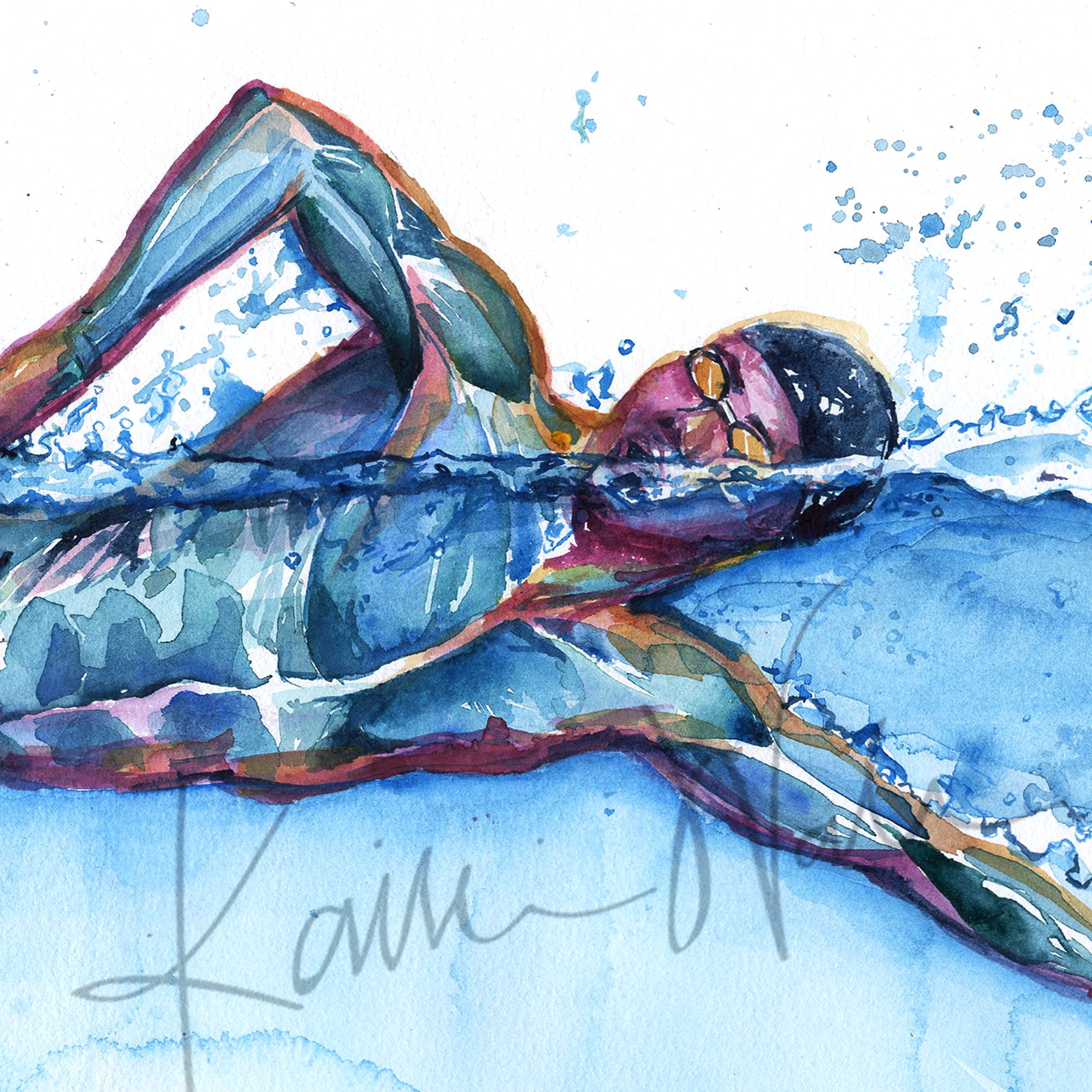 Zoomed in view of a watercolor painting of a swimmer in mid stroke showing the swimmer’s muscular anatomy.
