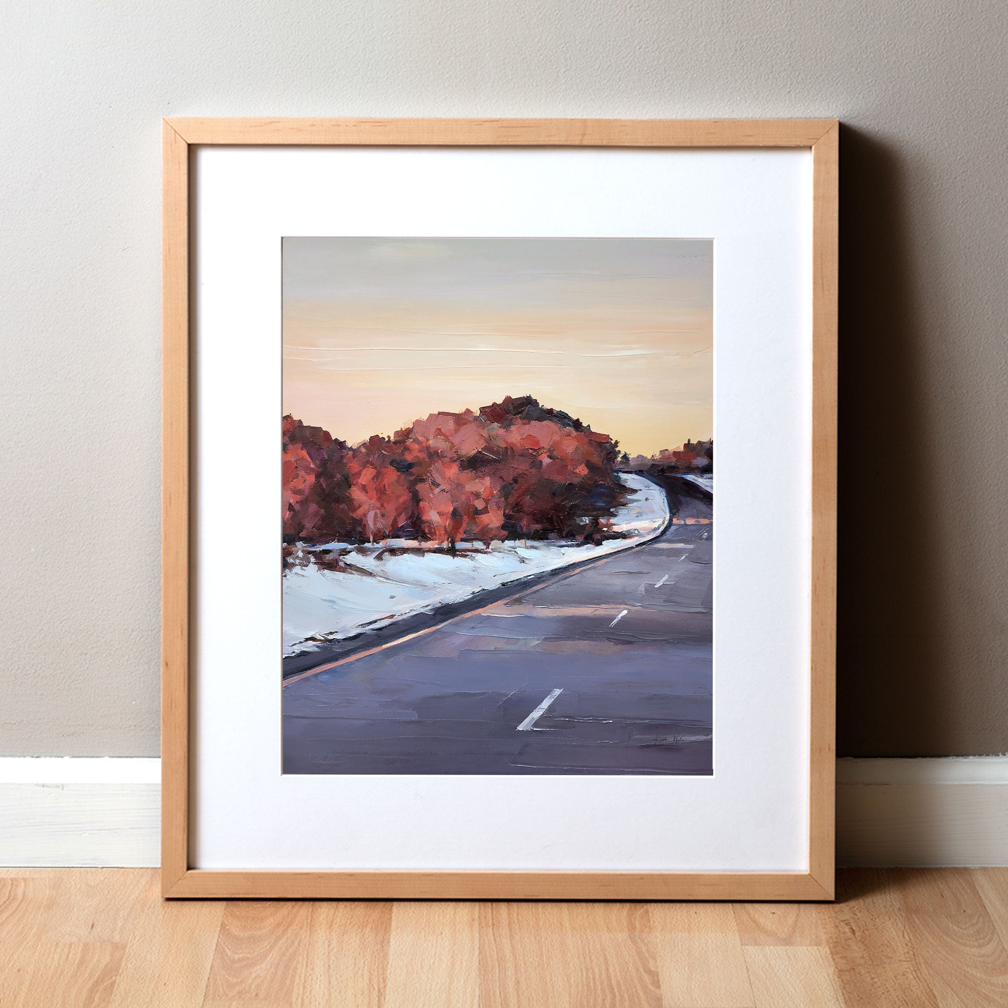 Framed watercolor painting of a snowy Wisconsin landscape in the spring.