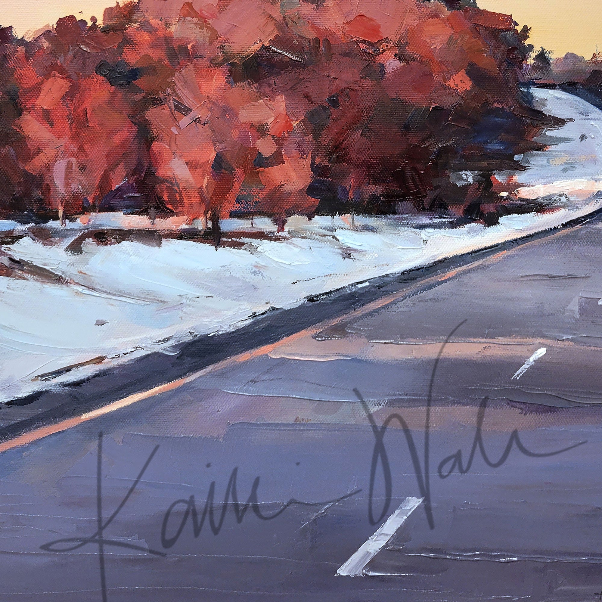 Zoomed in view of a watercolor painting of a snowy Wisconsin landscape in the spring.