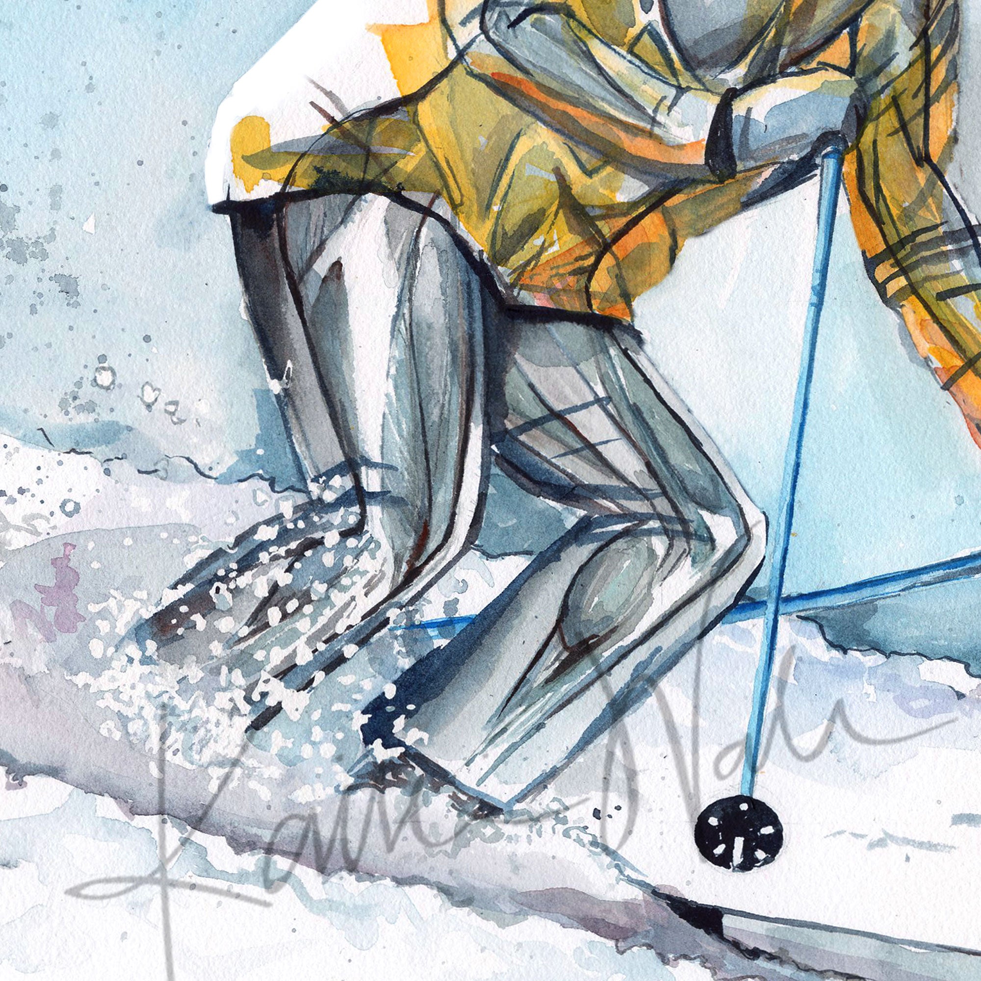 Zoomed in view of a watercolor painting of a skier going down a ski hill with their muscle anatomy showing under their clothing.