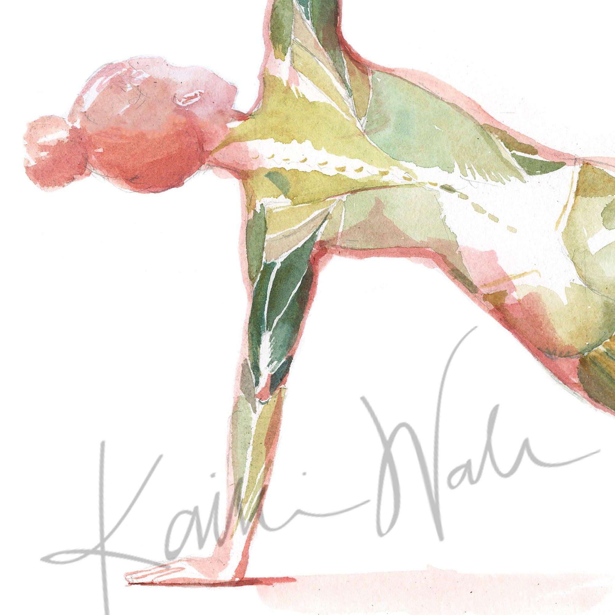 Zoomed in view of a watercolor painting of a woman performing the side plank yoga pose. The image shows her muscular anatomy while doing the pose.